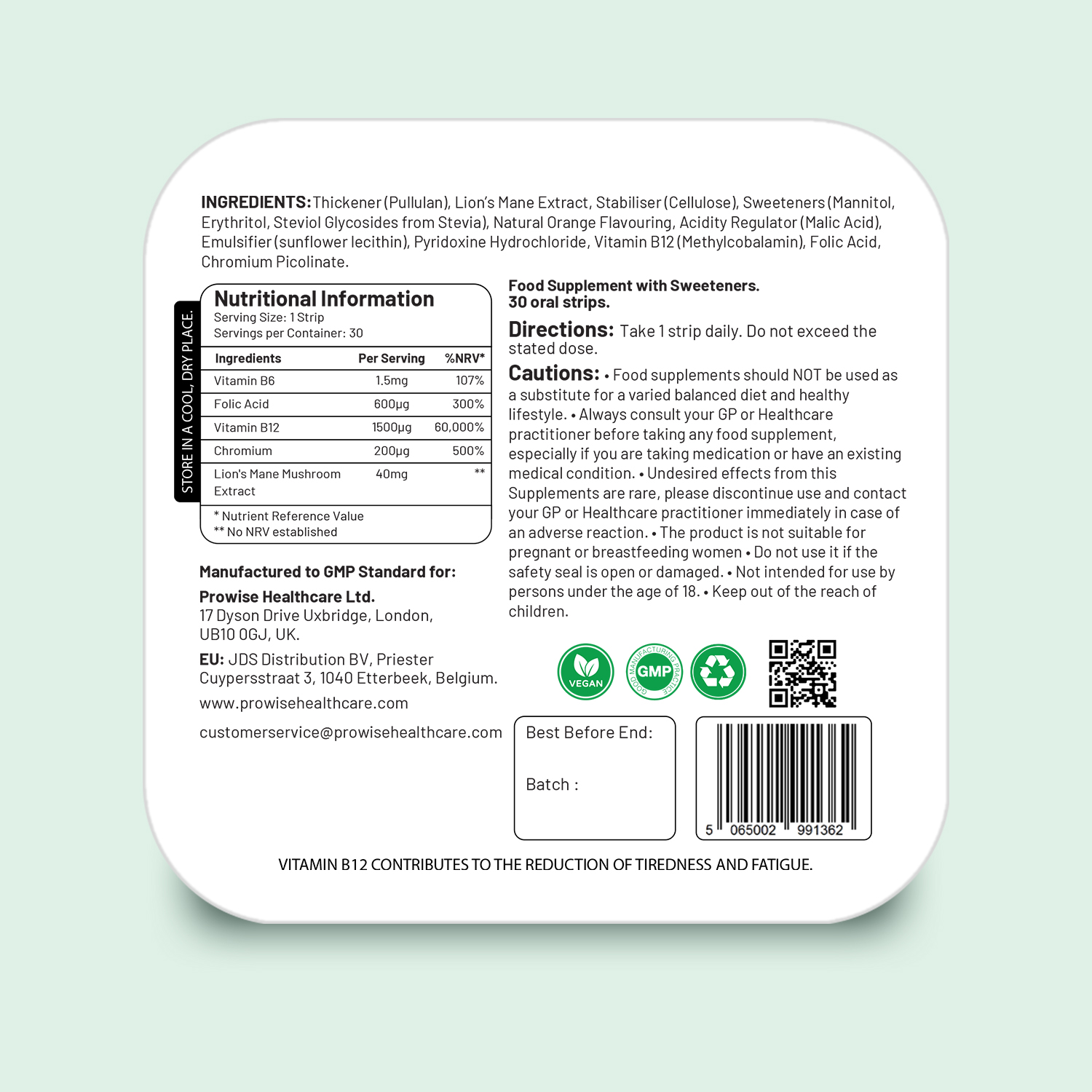 PROSTRIP® Vitamin B12+ 1500mcg with B6, Folic Acid, Chromium & Lion's Mane Mushroom - 30 Vegan Oral Strips for Fast Absorption - No Water Needed - Energy & Brain Support Supplement by Prowise Healthcare - Perfect for Busy Professionals & Active Lifestyles