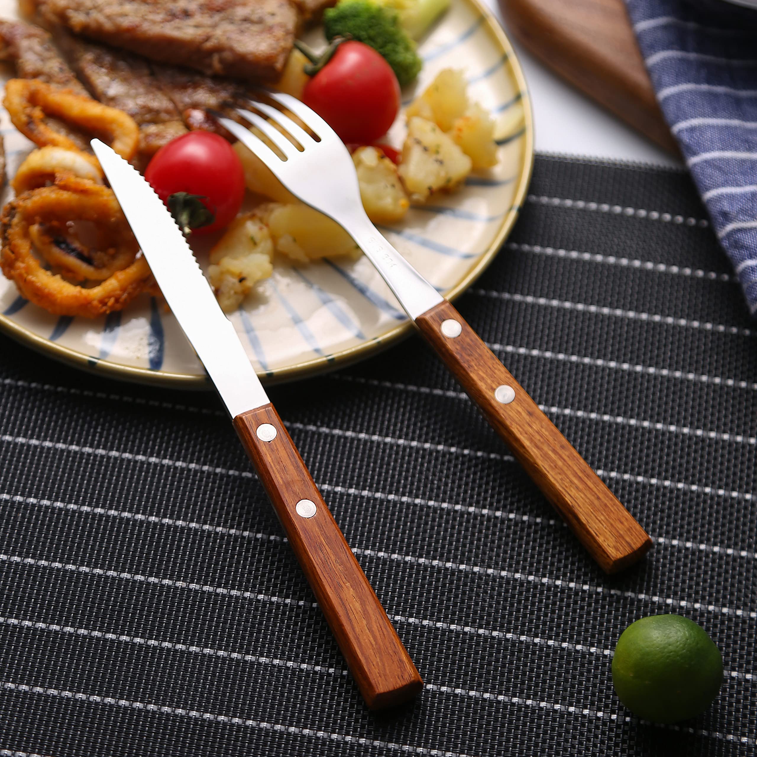 Premium 8-Piece Wooden Handle Flatware Set - 2 Sets of 18/8 Stainless Steel Cutlery with Forks, Spoons & Dinner Knives | Elegant Silverware for Dining, Kitchen & Gift Giving | Durable Wooden Utensils for Restaurants, Home & Outdoor Use