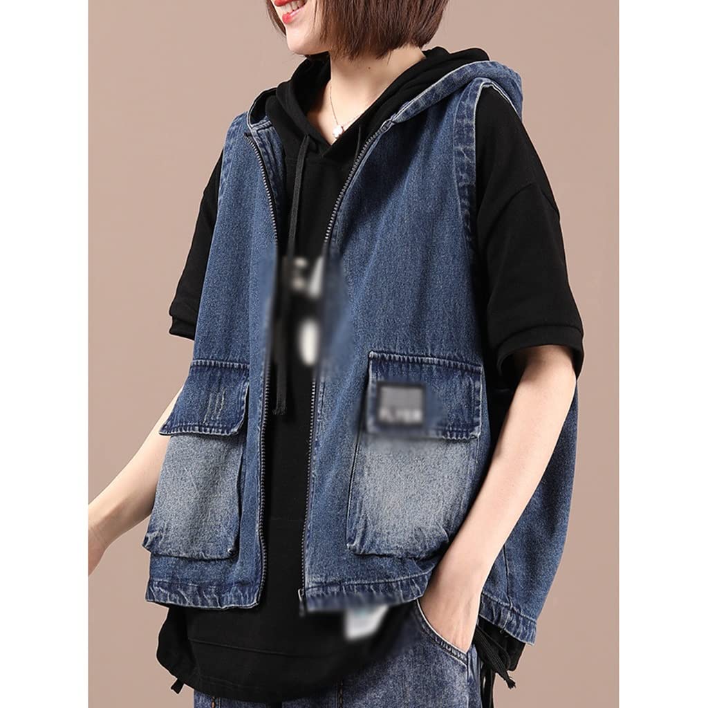 Plus Size Denim Vest for Women - Hooded Streetwear Jacket with Large Pockets, Loose Fit Sleeveless Denim Vest (3XL) - Perfect for Casual Outings, Layering & Urban Fashion