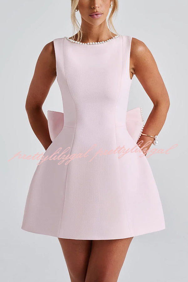 Elegant Pearl Embellished Large Bow Slim Fit Mini Dress for Women - Perfect for Parties, Weddings & Special Occasions