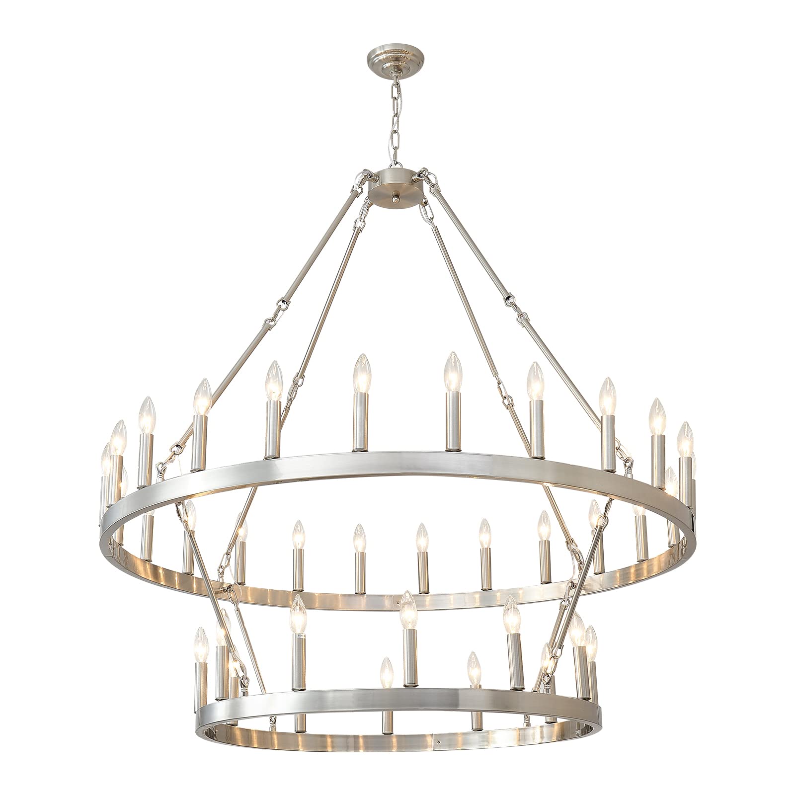 Extra Large 48 Inch HHR 2-Tier Wagon Wheel Chandelier - 36-Light Rustic Farmhouse Pendant Light in Nickel Finish for High Ceilings | Perfect for Dining Rooms, Living Rooms & Offices (E12 Base) | Creates Warm Ambiance for Farmhouse Weddings & Rustic Home Decor