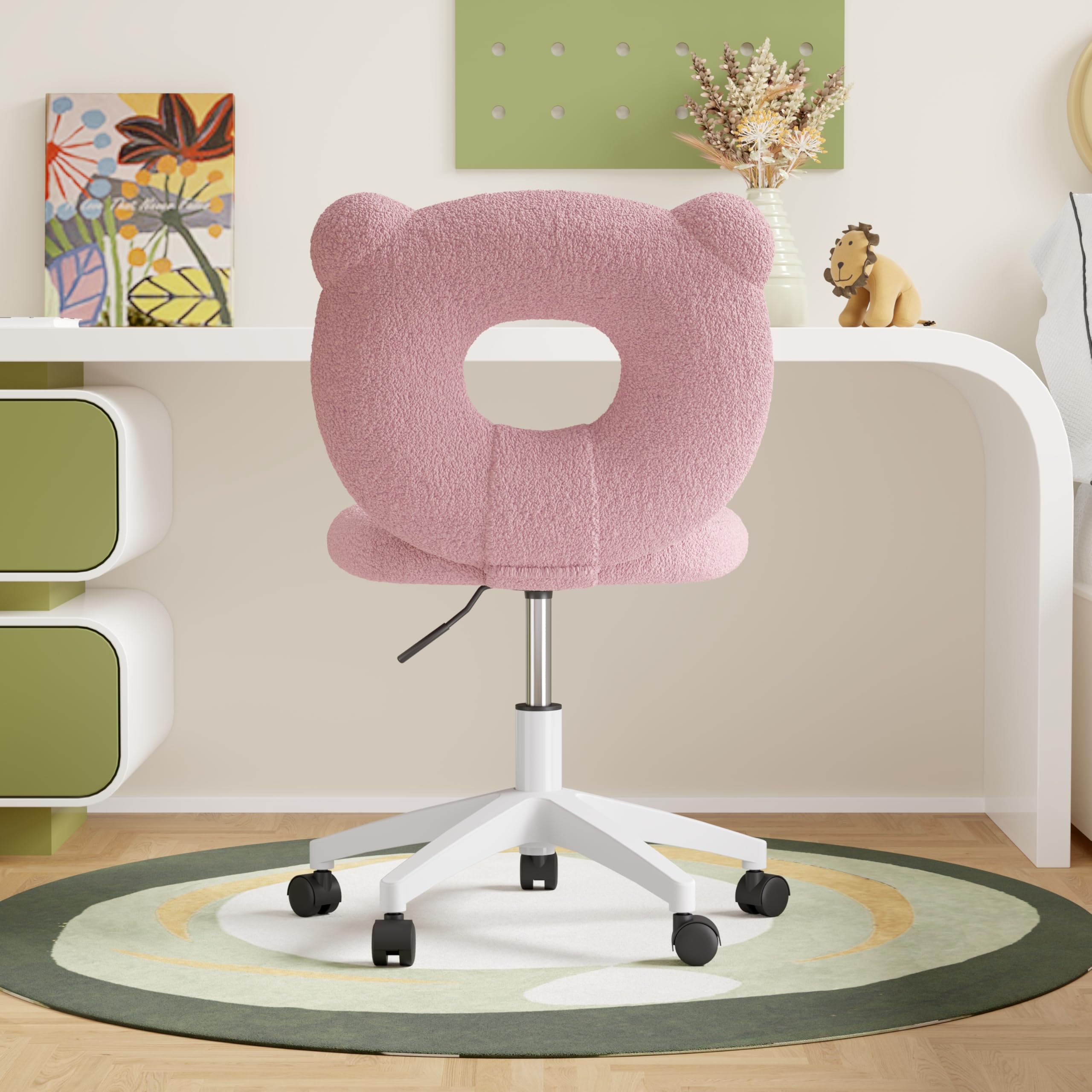 Adjustable Kids Desk Chair with Wheels & Back Support - Armless Study Chair for Children, Teddy Fabric Office Chair for Girls & Women - Perfect for Bedroom, Living Room, Study & Vanity Makeup Area (Pink)