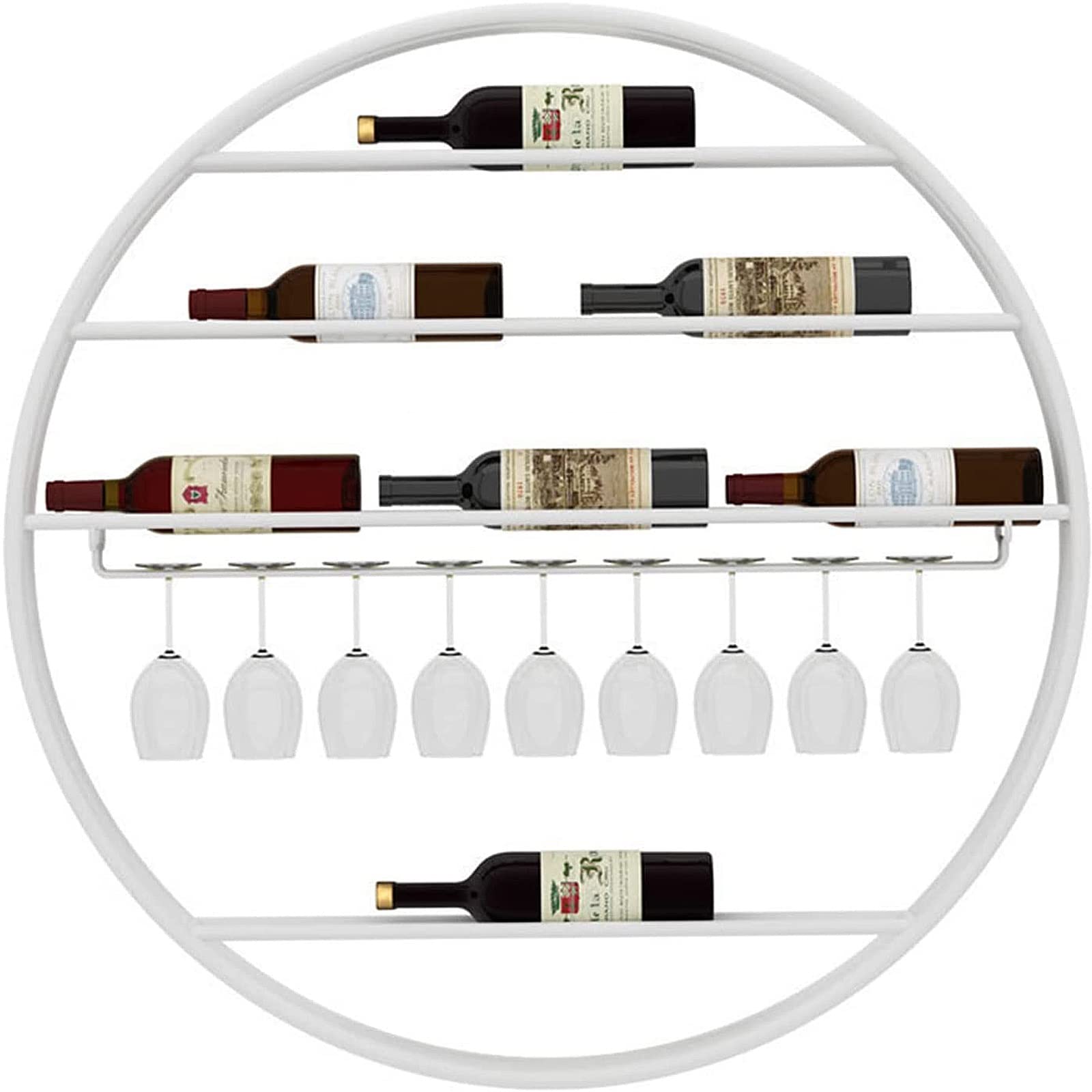 ANSonboy Round Wall Mounted Wine Rack - Metal Hanging Wine Glass Holder for Kitchen, Bar & Wine Cellar Storage - White (Perfect for Small Spaces & Home Decor)
