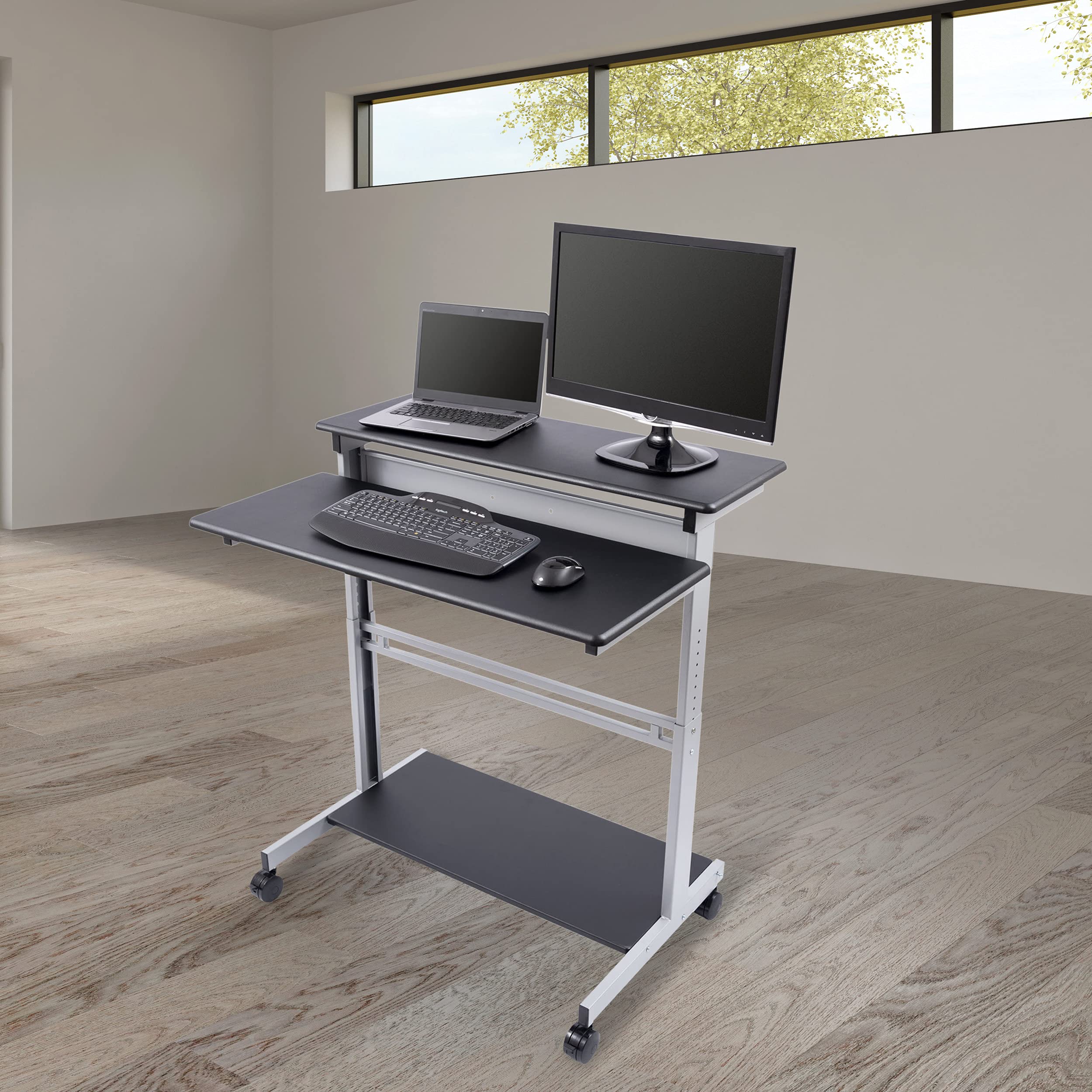 Adjustable Height Rolling Standing Desk with Two-Tier Shelves - Silver Frame & Black Top (40
