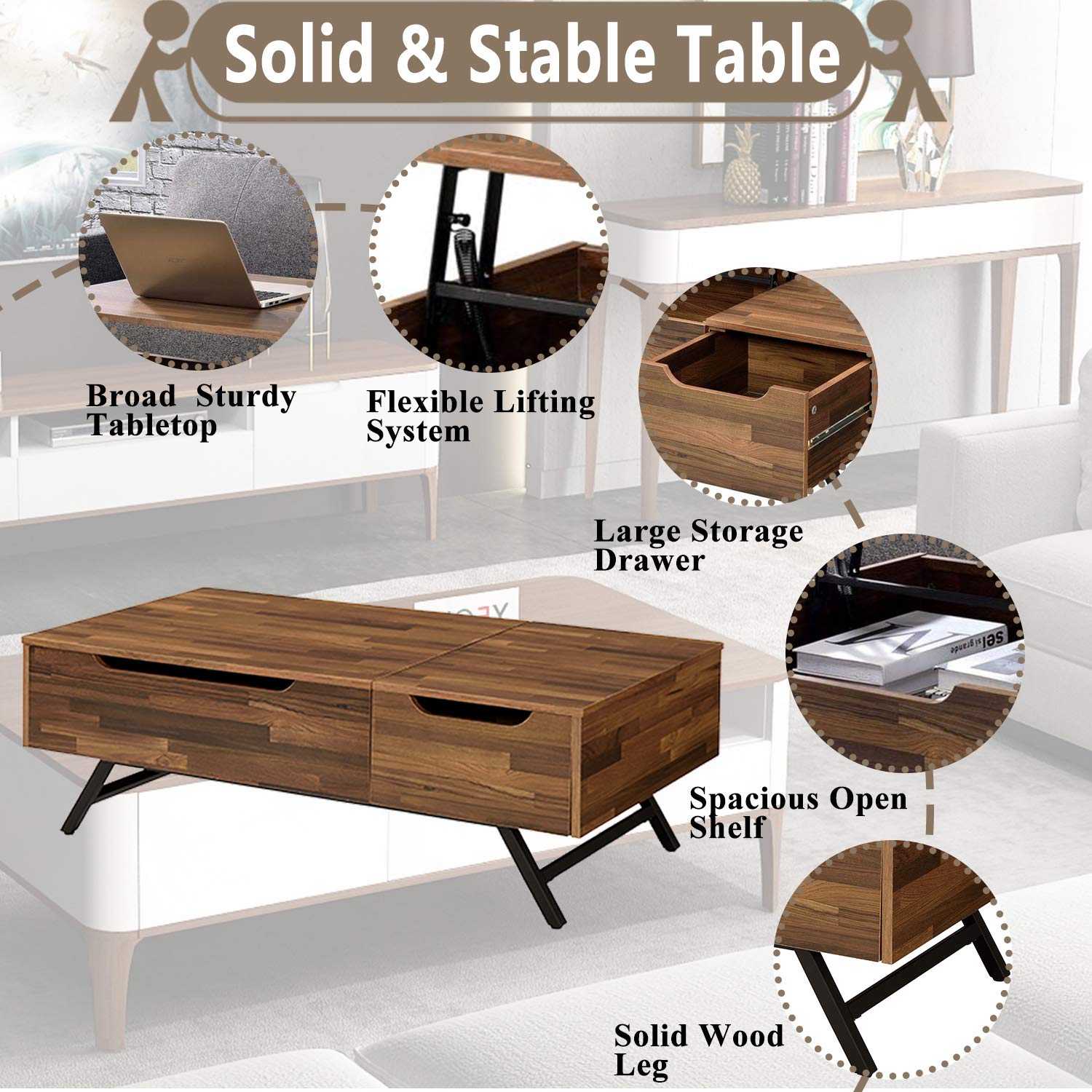 Modern Lift Top Coffee Table with Hidden Storage Drawer - Solid Wood Living Room Furniture for Home, Office & Reception Areas | Perfect for Small Spaces, Entertaining & Workspace Conversion