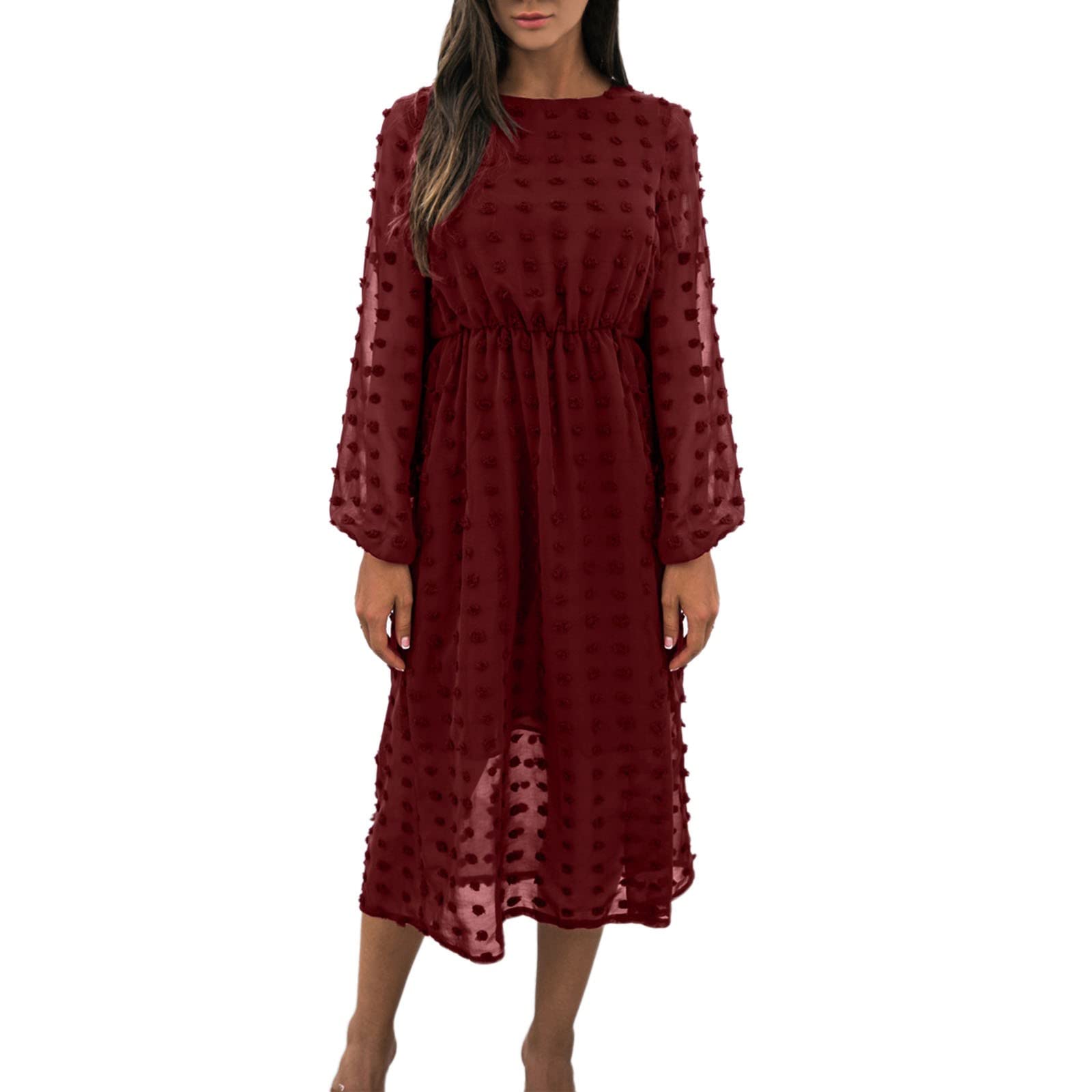Women's Long Sleeve Chiffon Cocktail Dress with Round Neck & High Waist - Elegant Polka Dot Party Dress for Evening Events, Weddings & Special Occasions