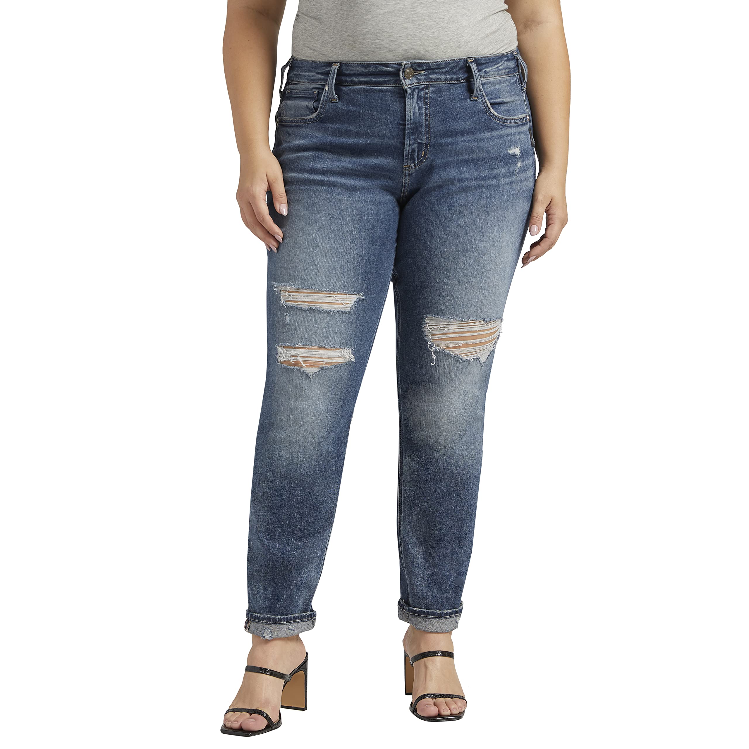 Silver Jeans Co. Women's Plus Size Boyfriend Jeans - Mid Rise Slim Leg Denim Pants for Casual Wear & Everyday Comfort | Perfect for Work, Weekend Outings & Relaxed Style