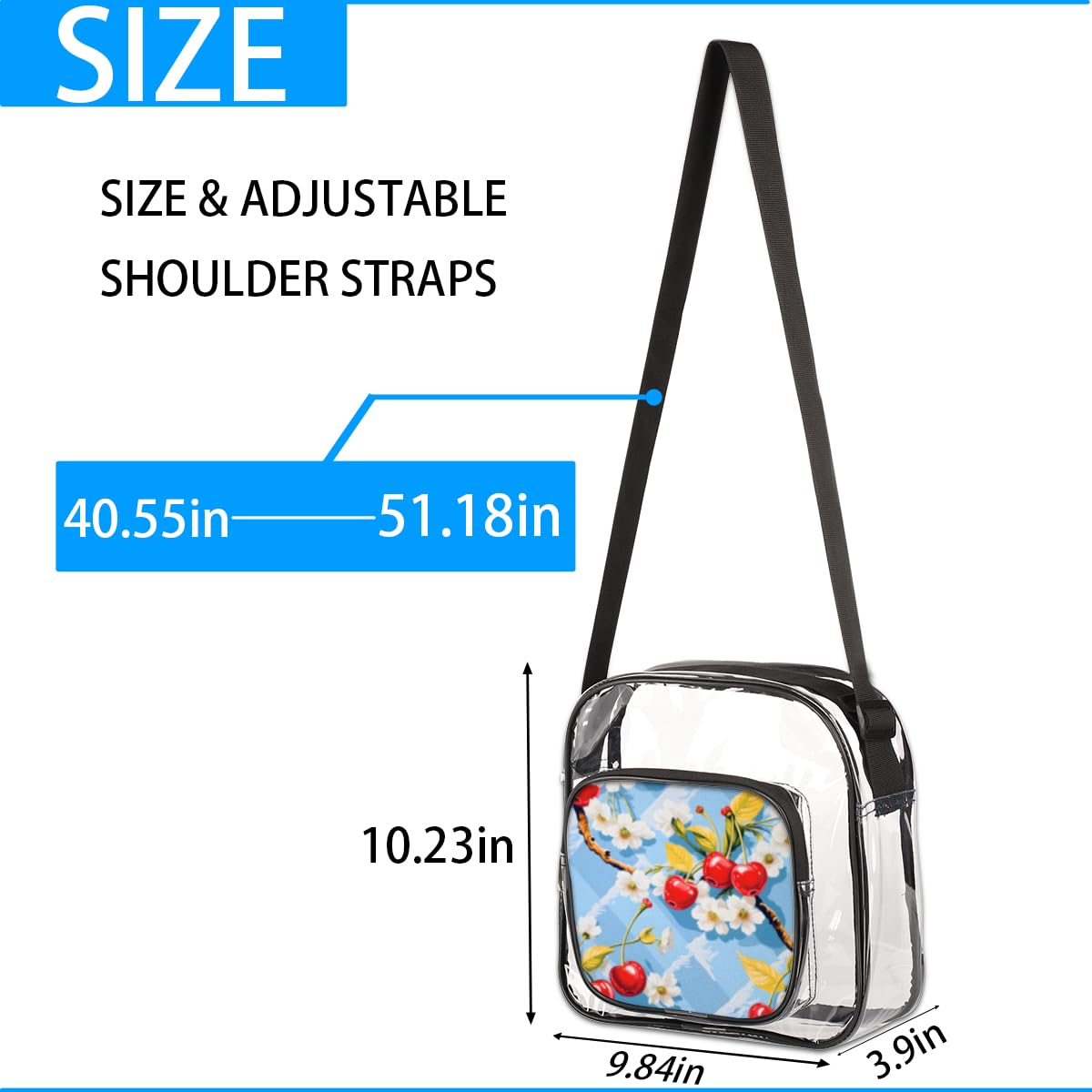 Mularoka Clear Crossbody Purse Bag for Women & Men - Cherry Bright Blue Red Stadium Approved Transparent Bag for Concerts, Festivals & Sports Events | Perfect for Music Festivals, NFL Games & Theme Parks