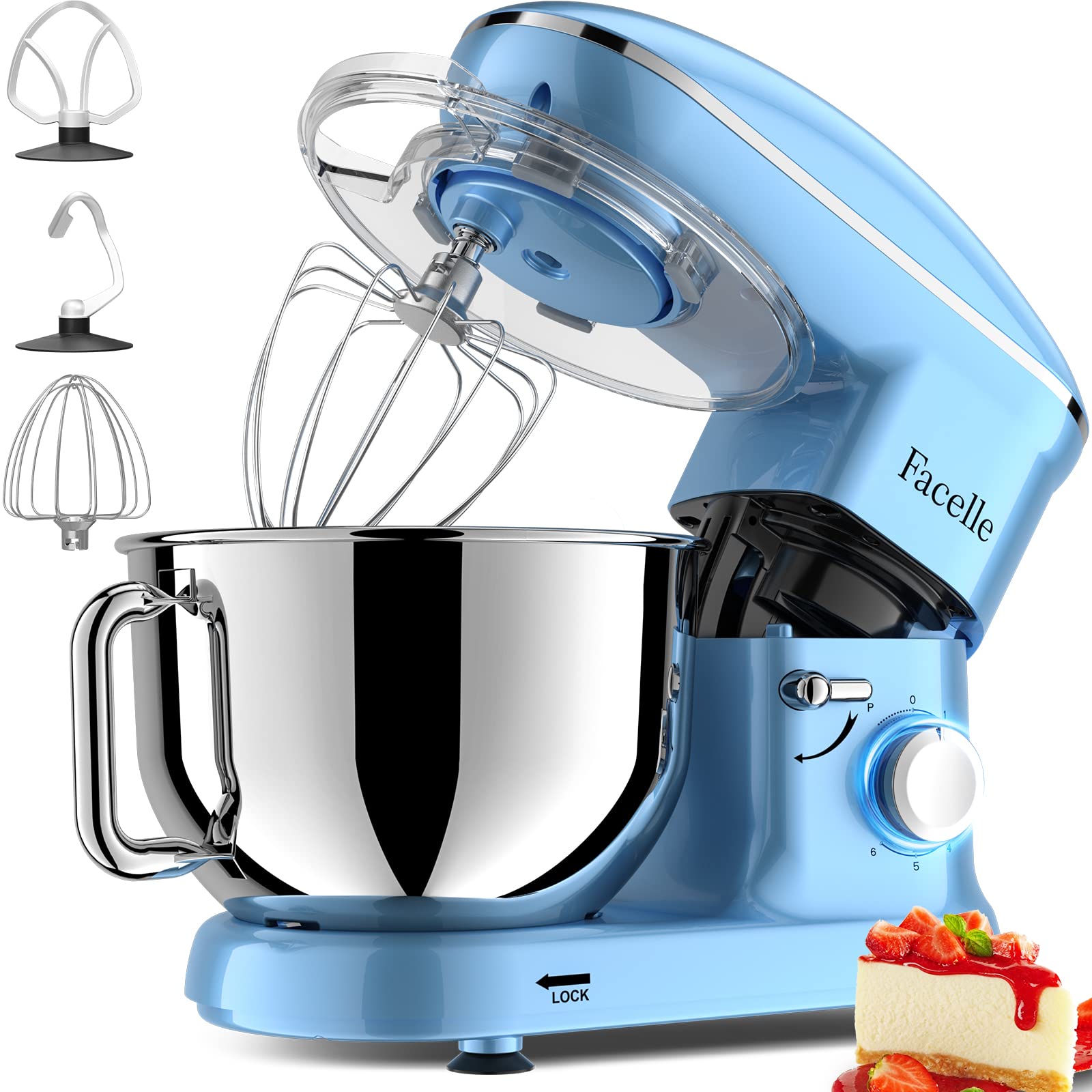 Facelle 660W 6-Speed Stand Mixer - Tilt-Head Electric Kitchen Mixer with Pulse Function, Includes 6.5QT Bowl, Dough Hook, Whisk & Dishwasher-Safe Beater - Perfect for Baking Cakes, Cookies, Bread & Pastries - Blue