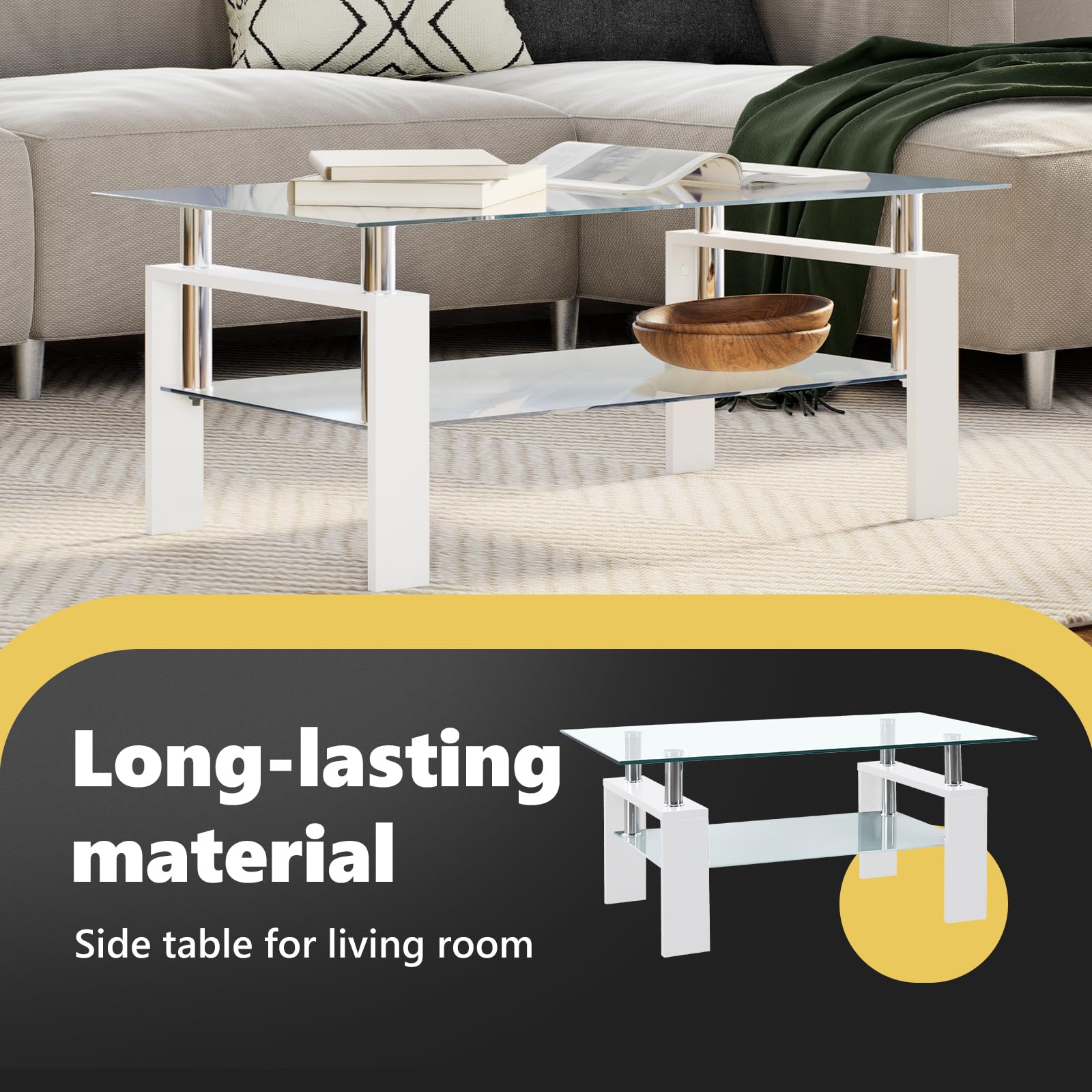 vidaXL White & Clear Tempered Glass Coffee Table with Storage Shelf - Modern Living Room Furniture, Safety Certified, Easy to Clean - Perfect for Small Spaces, Apartments & Contemporary Home Decor