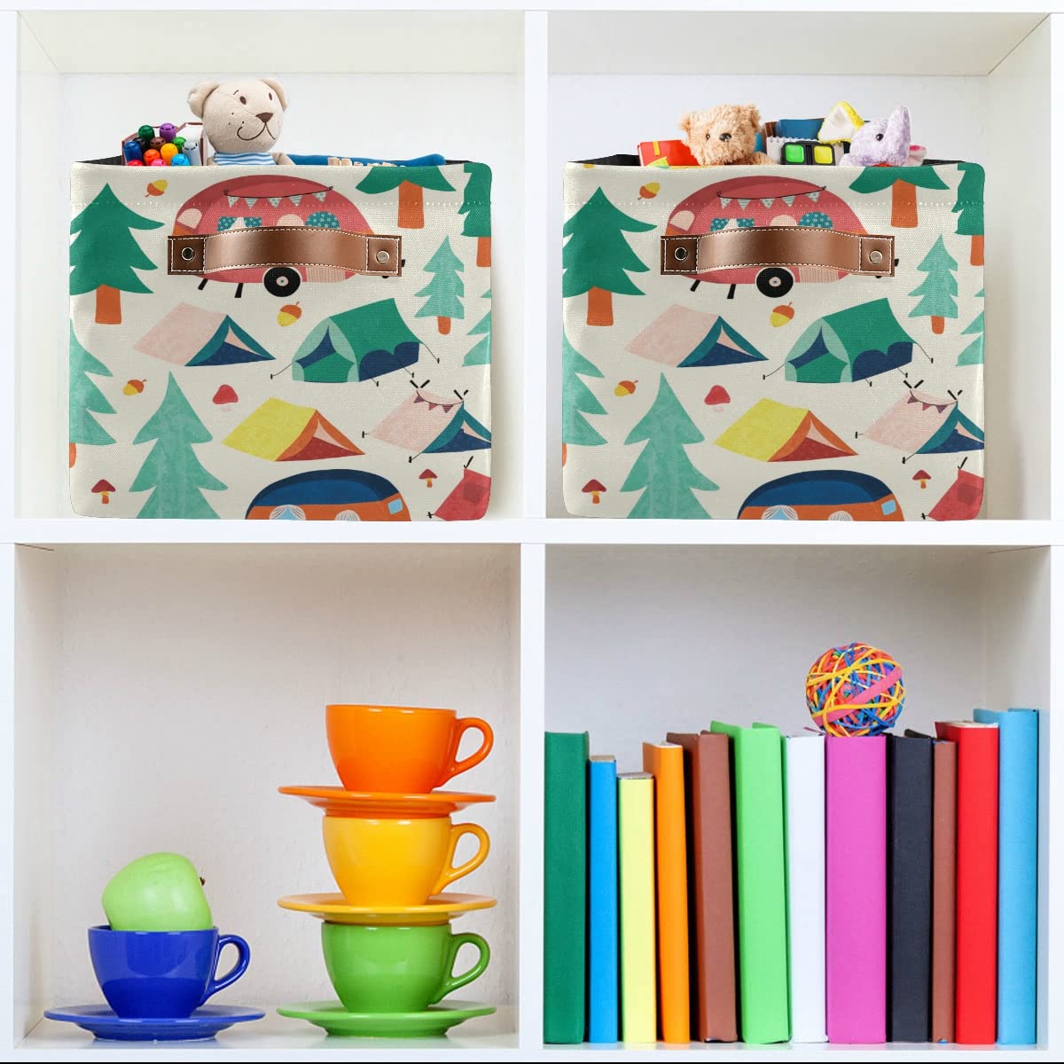 Camper Caravans & Tents Storage Basket - Forest Square Canvas Storage Bins for Home Office Organization - Closet Shelf Organizer (1-Piece) - Perfect for Camping Gear, Bedroom & Closet Storage