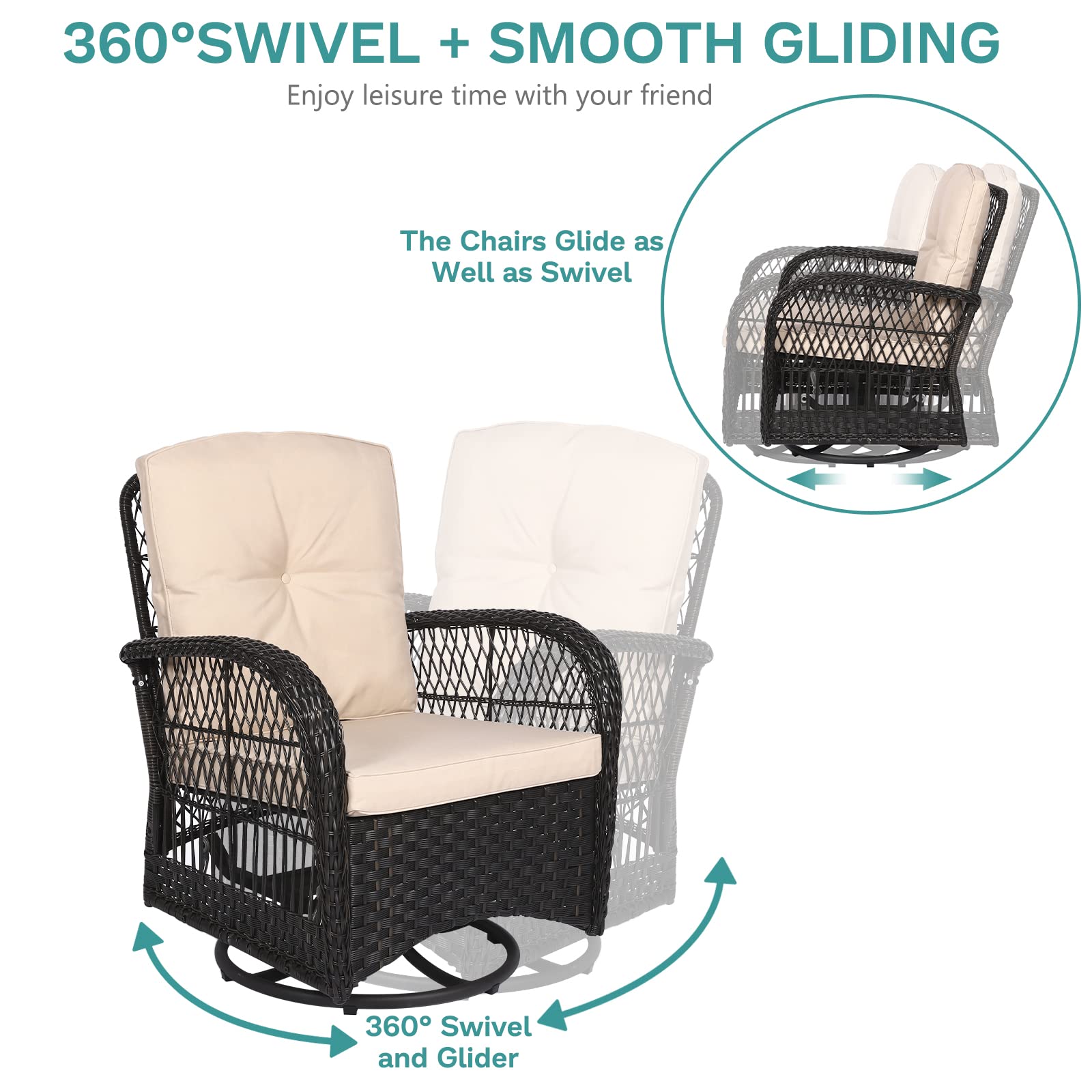MEETWARM 3-Piece Outdoor Wicker Swivel Rocking Chair Set with Thickened Cushions & Glass-Top Coffee Table - Patio Furniture Conversation Set for Porch, Garden, Backyard (Dark Brown) | Perfect for Relaxing, Entertaining & Outdoor Lounging