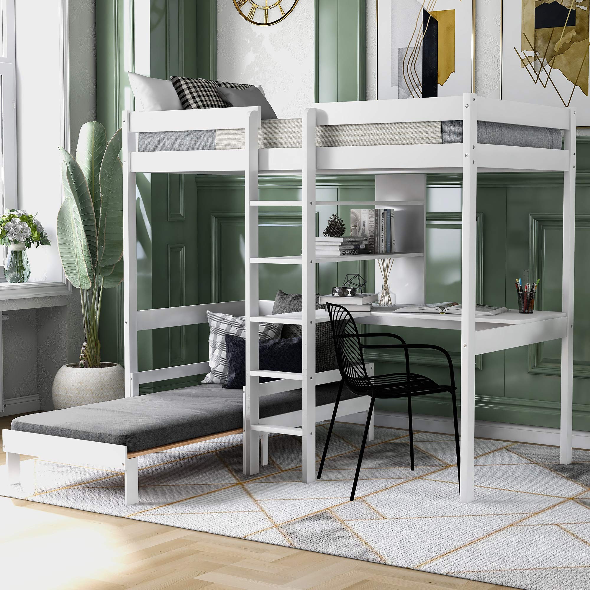 Convertible Twin Bunk Bed with Ladder, Shelves & L-Shaped Desk - Space-Saving Loft Bed for Kids & Teens, Includes Mattress - Perfect for Small Bedrooms, Dorm Rooms & Shared Kids' Spaces