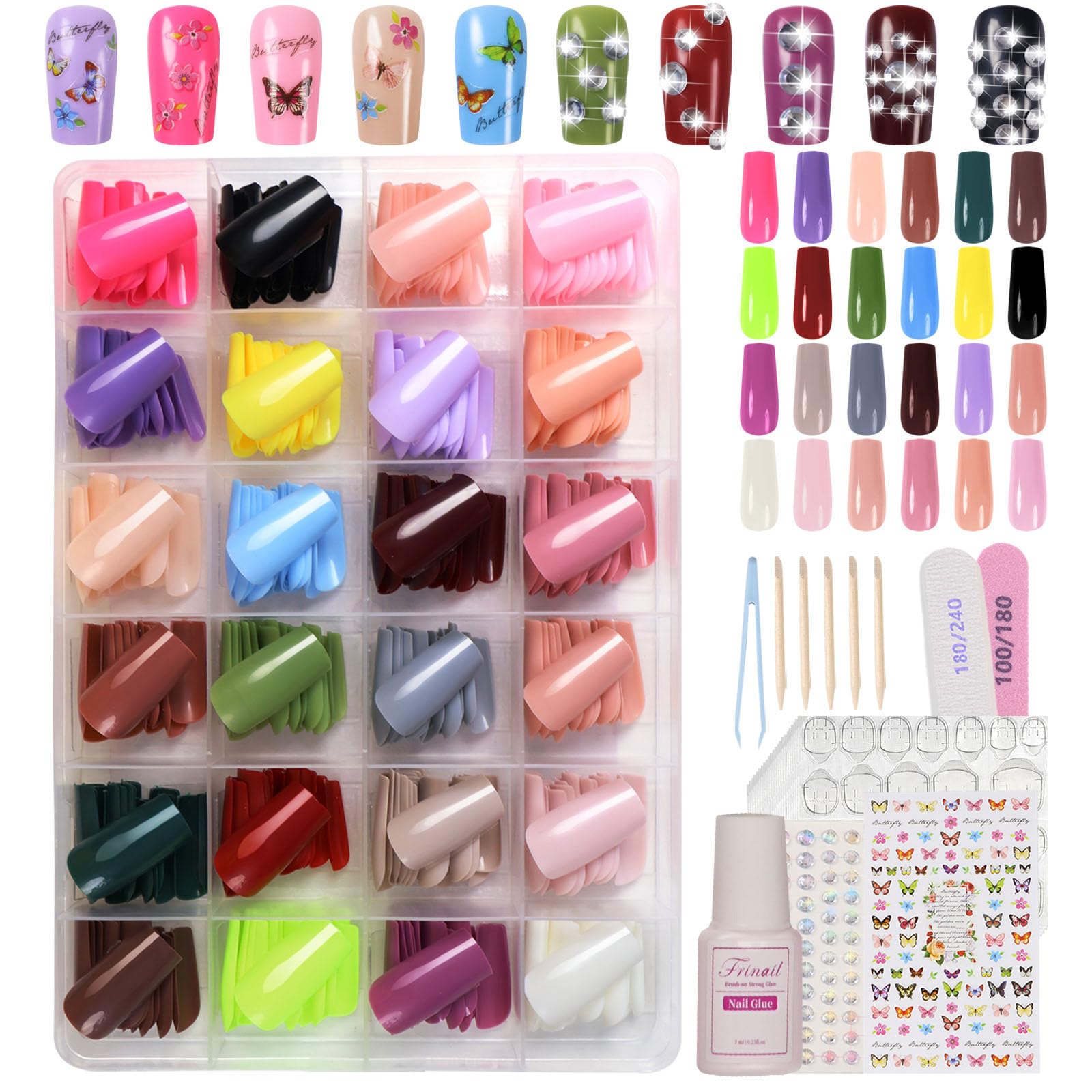 576PCS 24 Color Long Coffin Press On Nails Kit - Ballerina Glossy Fake Nails with Stickers, Acrylic Square Nail Art for DIY Manicure - Perfect for Parties, Weddings & Special Occasions