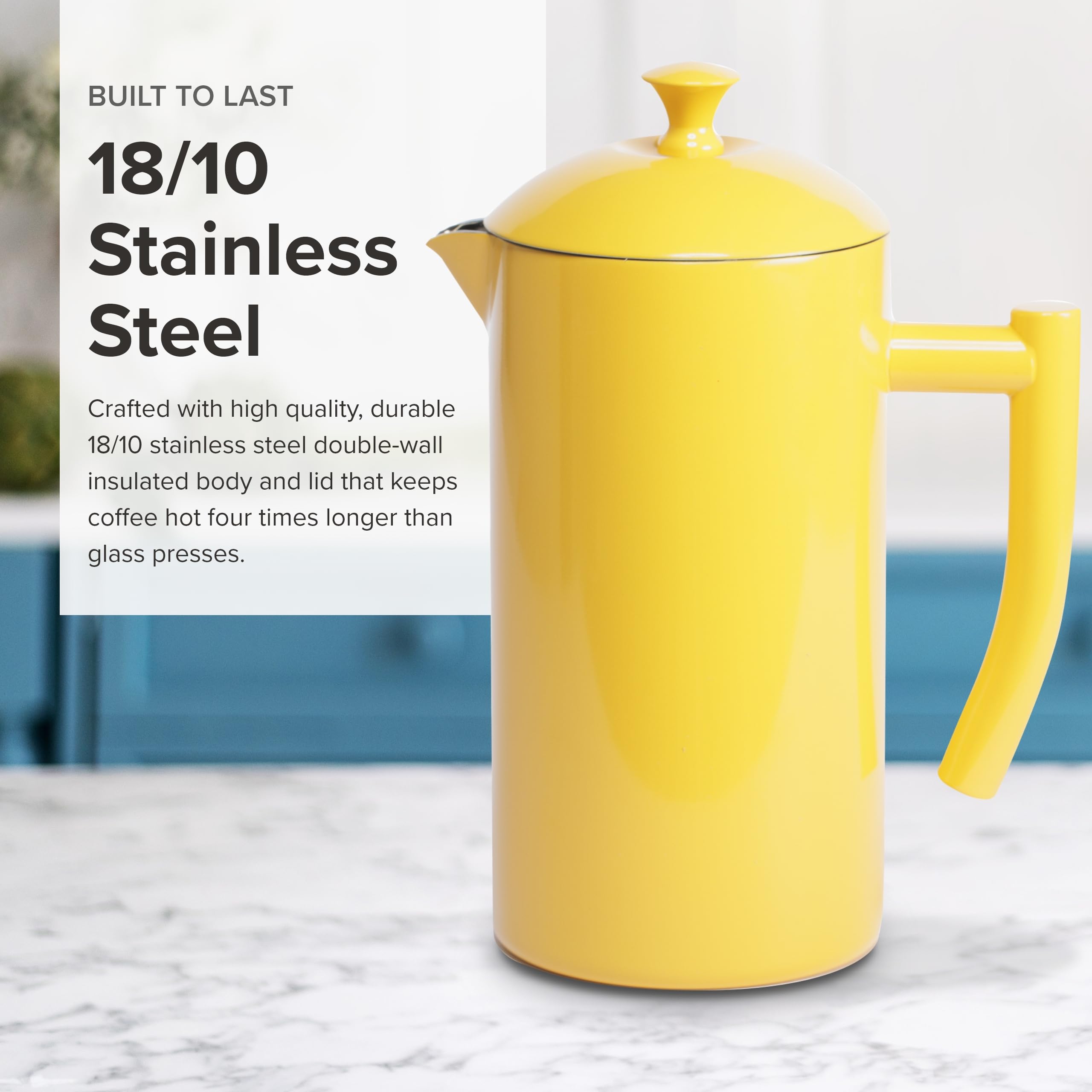 Frieling Double-Walled Stainless Steel French Press Coffee Maker - 34 oz Insulated Coffee Pot for Camping, Travel & Home - Sunshine Yellow - Keeps Coffee Hot for Hours - BPA Free & Durable