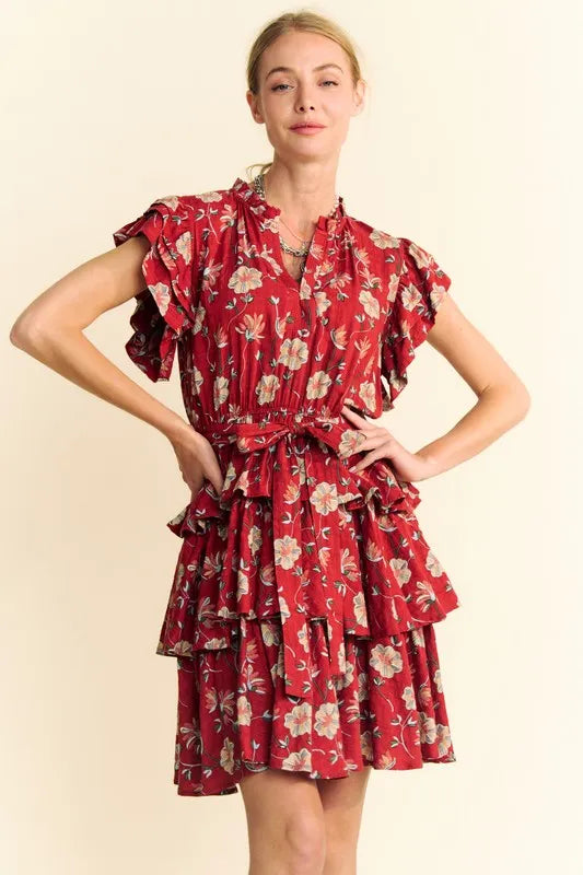 Red Floral Print Tie Waist Tiered Mini Dress for Women - Perfect for Summer Parties, Date Nights & Beach Vacations