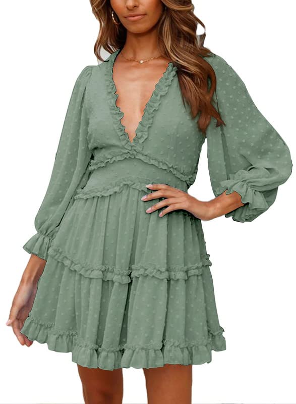 Dokotoo Women's Floral Print Mini Dress - Deep V Neck, Ruffle Long Sleeve, Spring Summer Fashion 2023 | Perfect for Date Night, Cocktail Party & Vacation Outfits