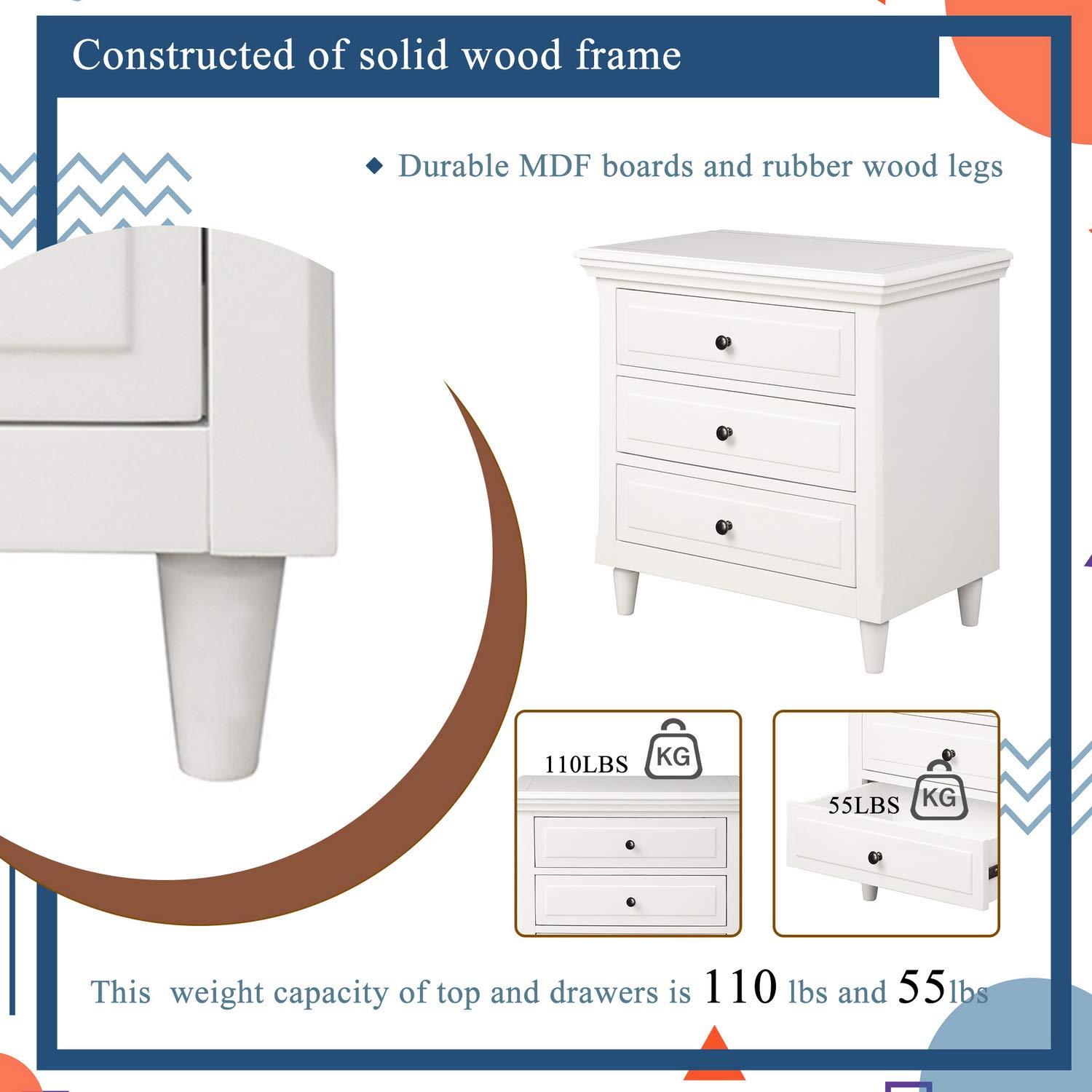 3-Drawer Nightstand with Storage - Solid Wood Bedside Cabinet Fully Assembled, Simple Modern Design for Bedroom & Living Room - Perfect for Books, Lamps & Bedroom Essentials (White)