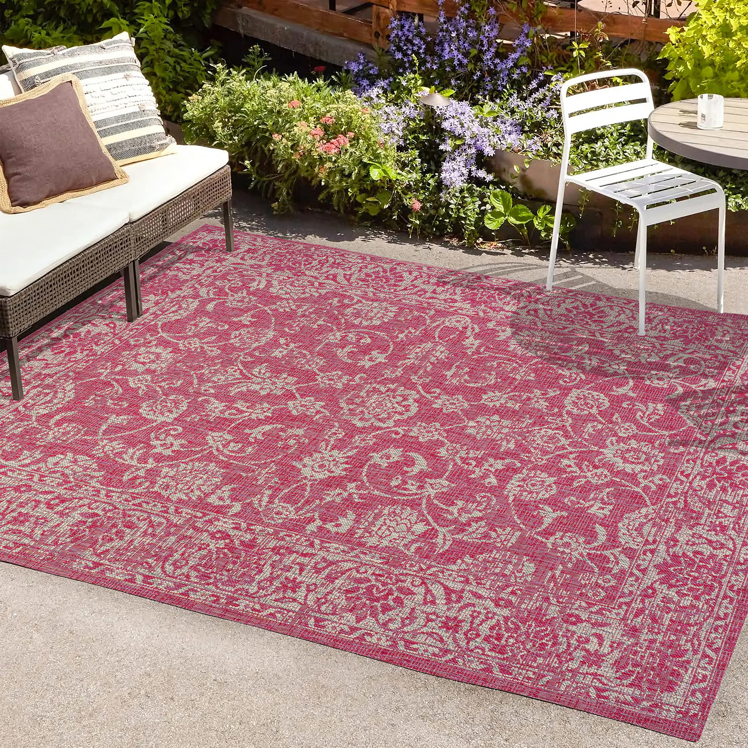 JONATHAN Y SMB100G-9 Bohemian Floral Area Rug - 9'x12' Indoor/Outdoor Textured Weave, Non-Shedding, Easy Clean (Fuchsia/Light Gray) - Perfect for Coastal, Traditional & Transitional Decor in Bedroom, Kitchen, Backyard or Patio