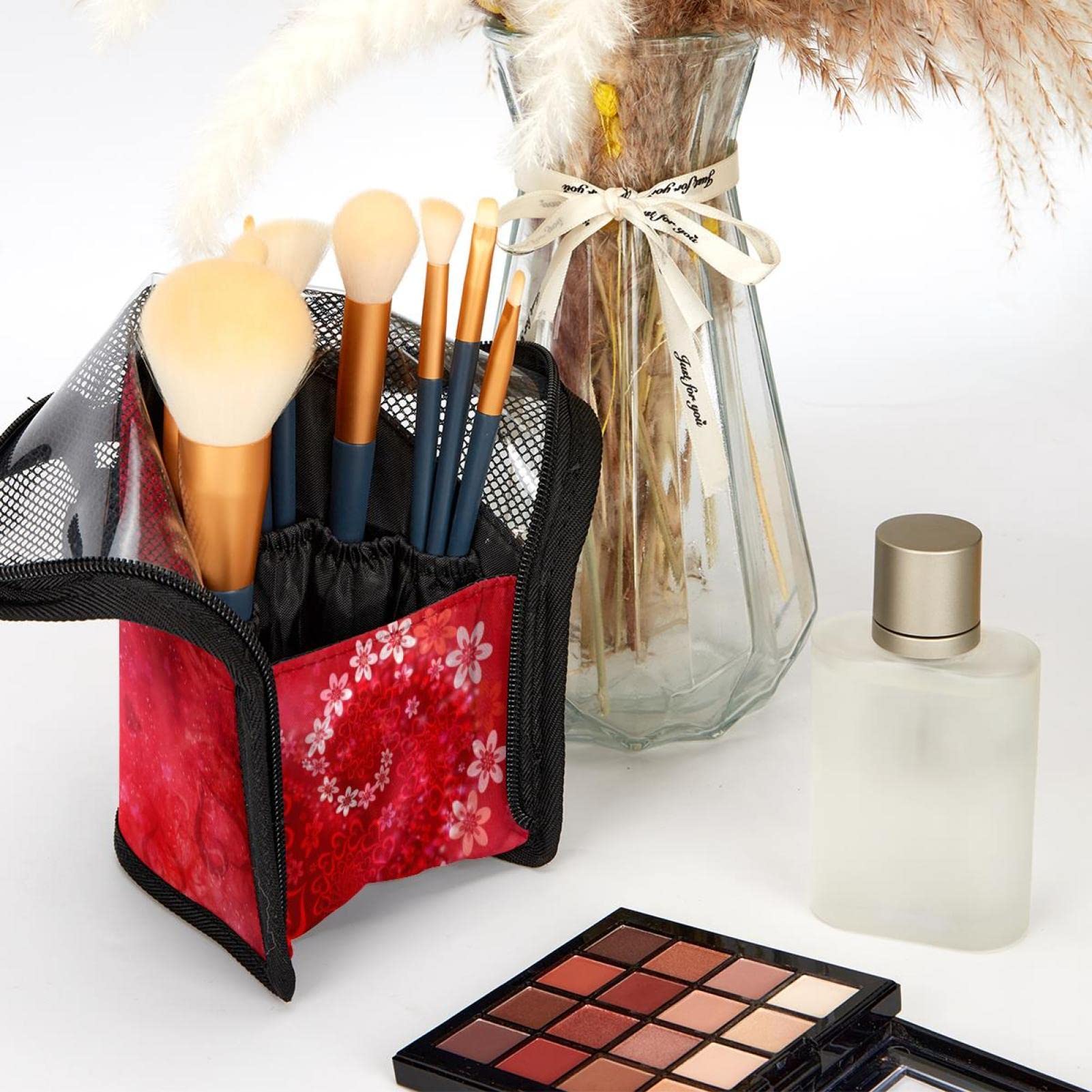 12-Piece Makeup Brush Organizer Bag with Flower Design - Portable Travel Cosmetic Brush Holder Case for Valentine's Day Gifts, Makeup Artists & On-the-Go Beauty Essentials