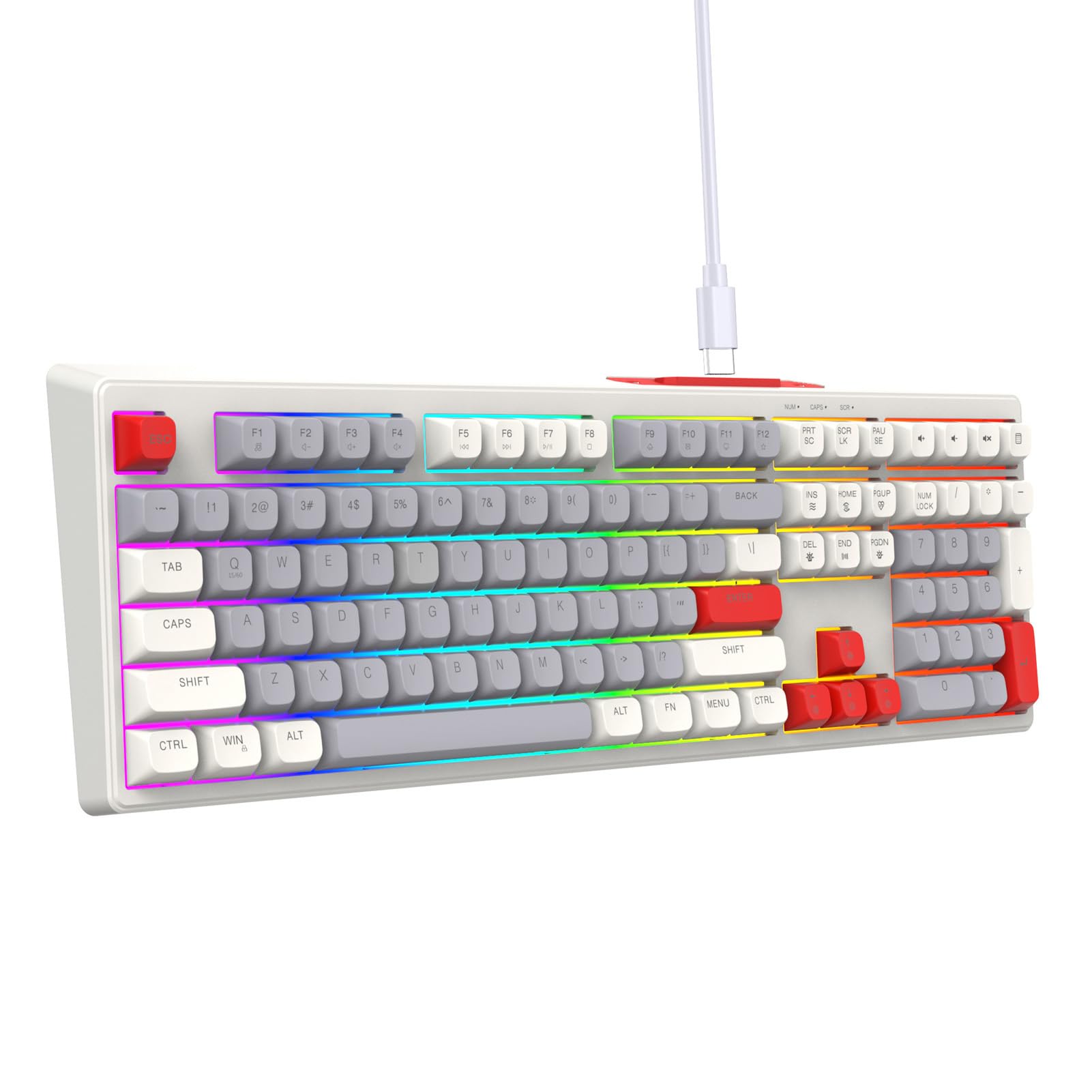 Yunseity RGB Backlit Wired Gaming Keyboard - 8 Color Light Modes, 108 Keys Mechanical Feel (Gray/White/Red) for PC, Laptop, Office & Home Gaming Setup