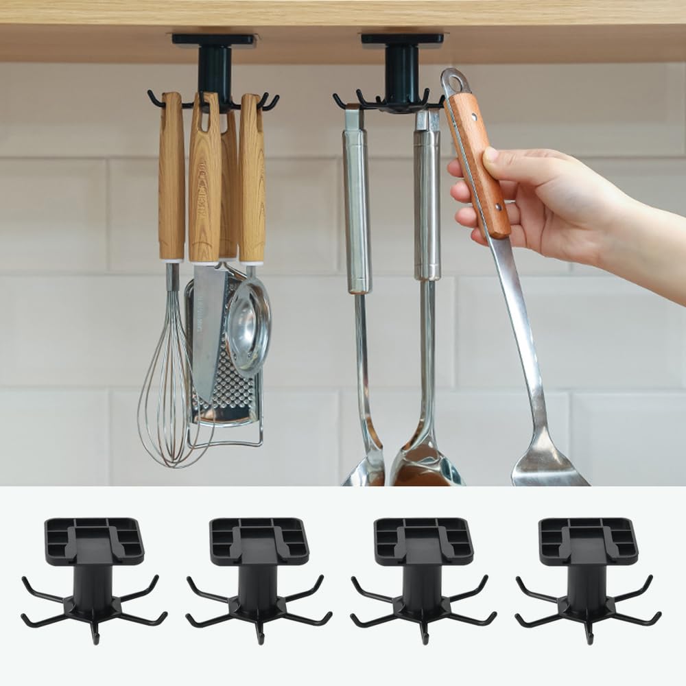 4-Pack 360° Rotating Under Cabinet Hooks - No Drill Adhesive Hanging Rack for Kitchen Utensils, Tools, Towels & Knives (Black) | Space-Saving Storage Solution for Small Kitchens & RVs