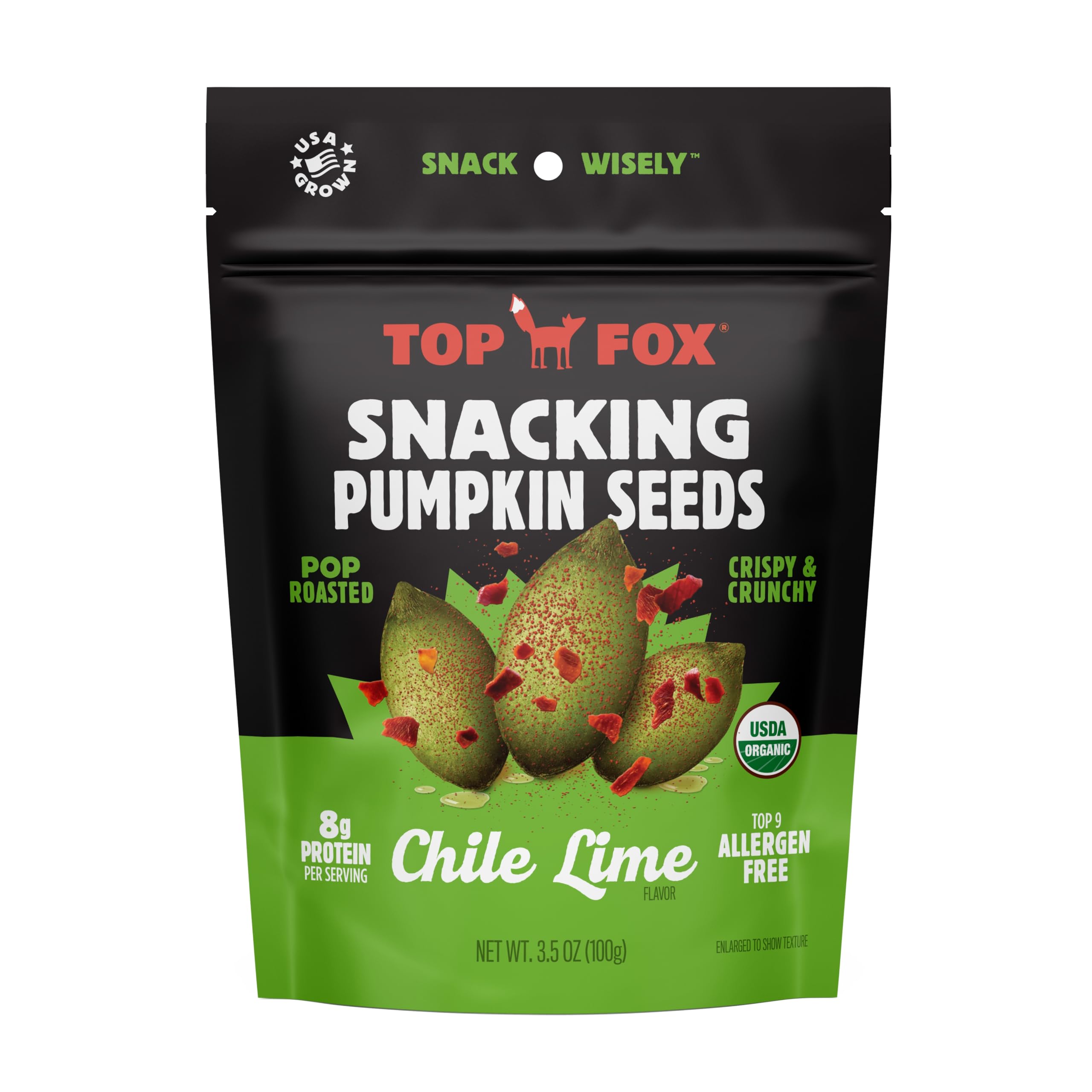 Organic Pop-Roasted Pumpkin Seeds by Top Fox Snacks - Healthy Protein Snacks, Gluten Free, Keto & Vegan Friendly (Chile Lime Flavor, 3.5oz - 6 Pack) - Perfect for On-the-Go Snacking, Workout Fuel & Keto Diet