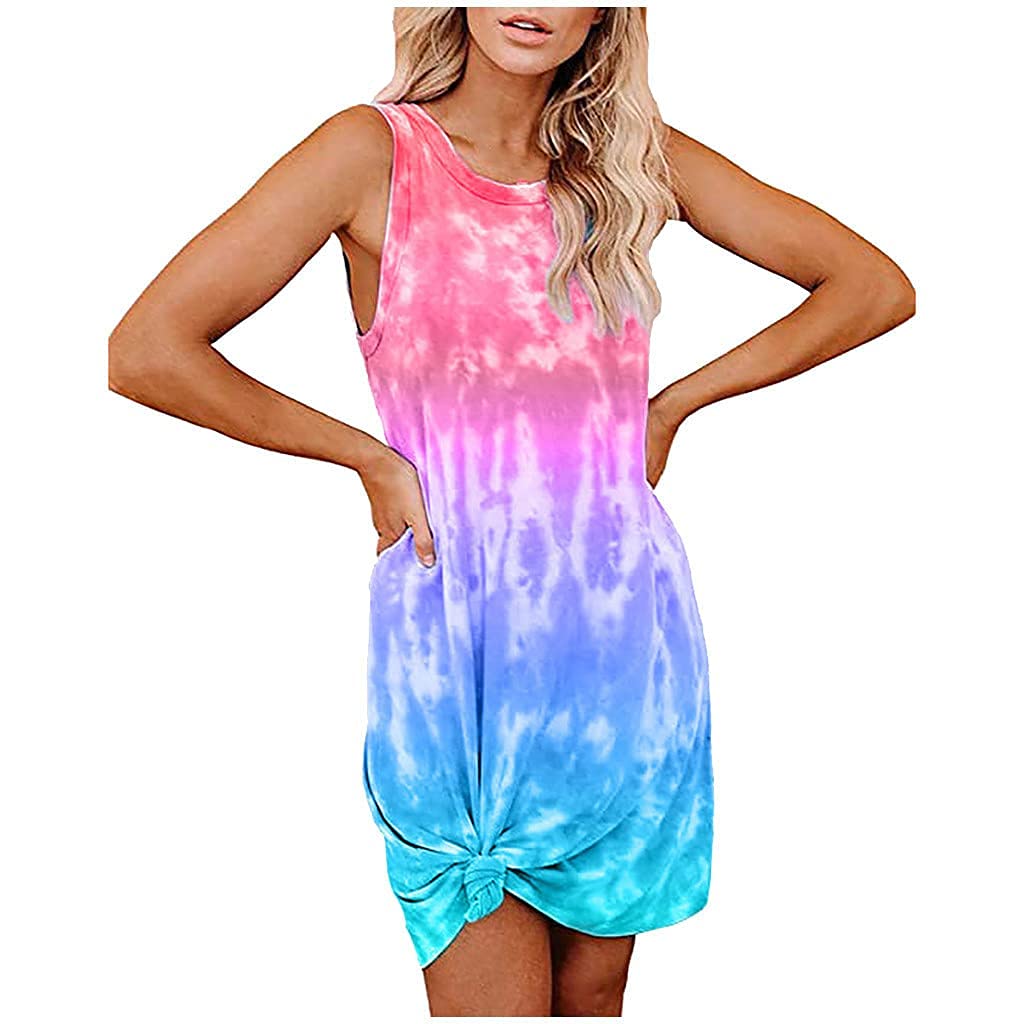 Women's Casual Summer Dress - Beach Round Neck Sleeveless Mini Tank Dress with Loose Tie-Dye Print | Perfect for Vacation, Pool Party & Summer Outings