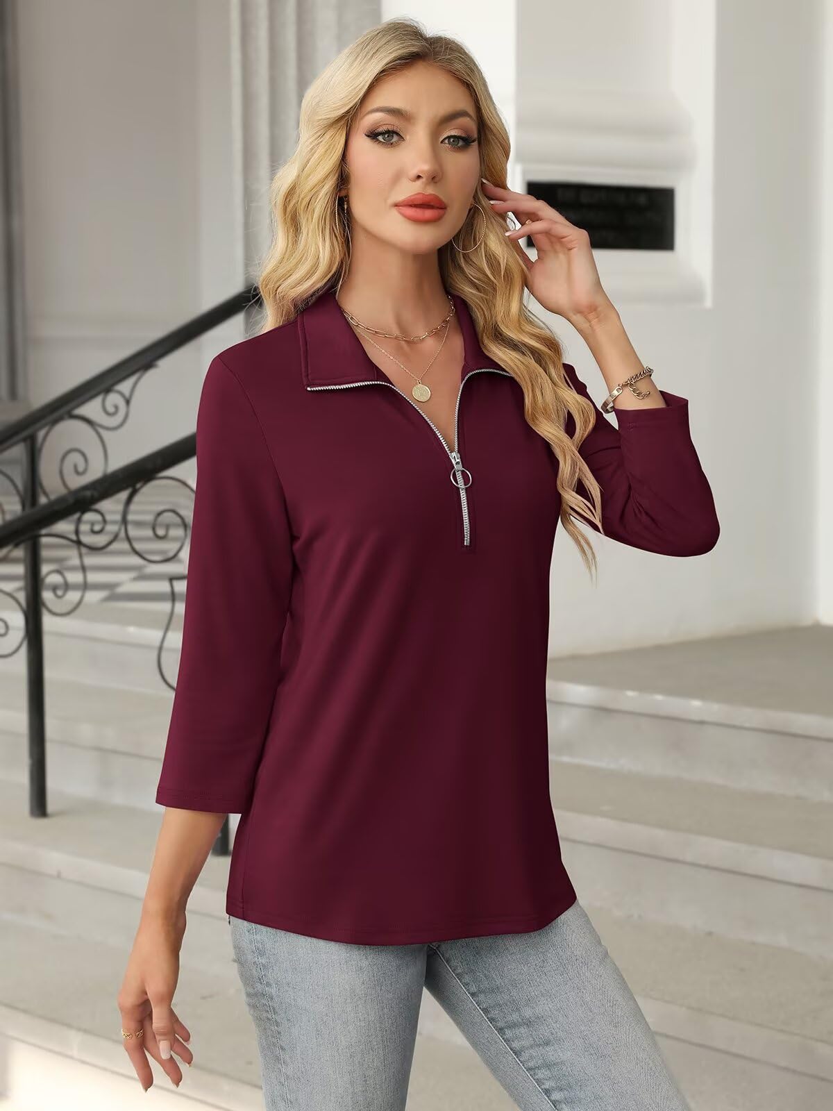 Women's 3/4 Sleeve V-Neck Polo Shirts with Zipper & Color Block Design - Casual Office Wear & Outdoor Activities
