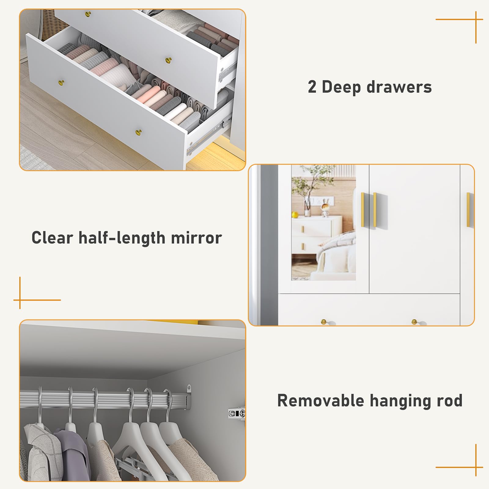 3-Door Wooden Armoire Wardrobe Closet with Mirror, LED Lights, Drawers & Adjustable Shelves - White Storage Cabinet for Bedroom, Closet Organization & Home Decor