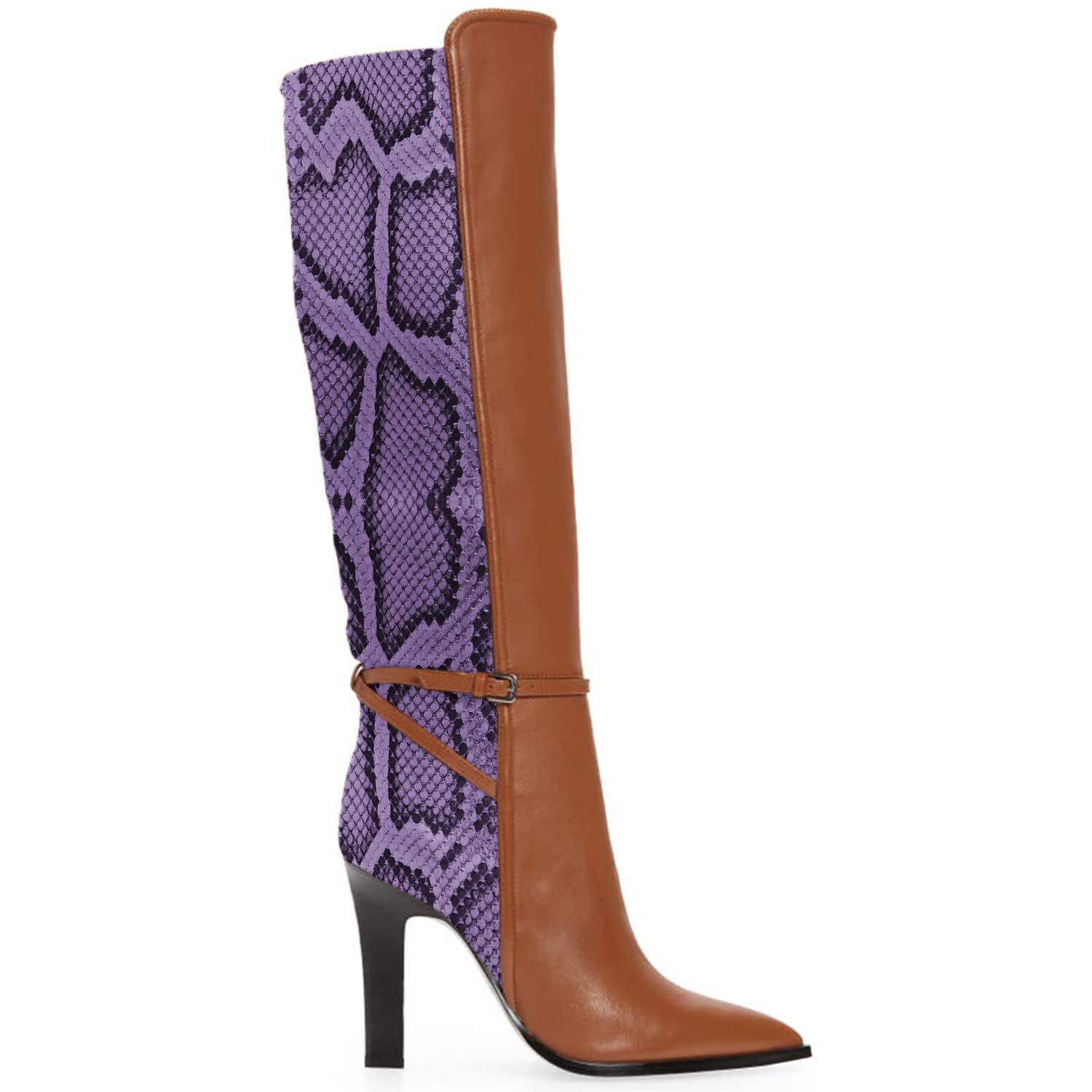 Women's Brown Two-Tone Snakeskin Over-The-Knee Boots - Pointed Toe High Heel Pull-On Dress Boots with Ankle Strap (US Size 4-16) | Perfect for Office, Party & Night Out