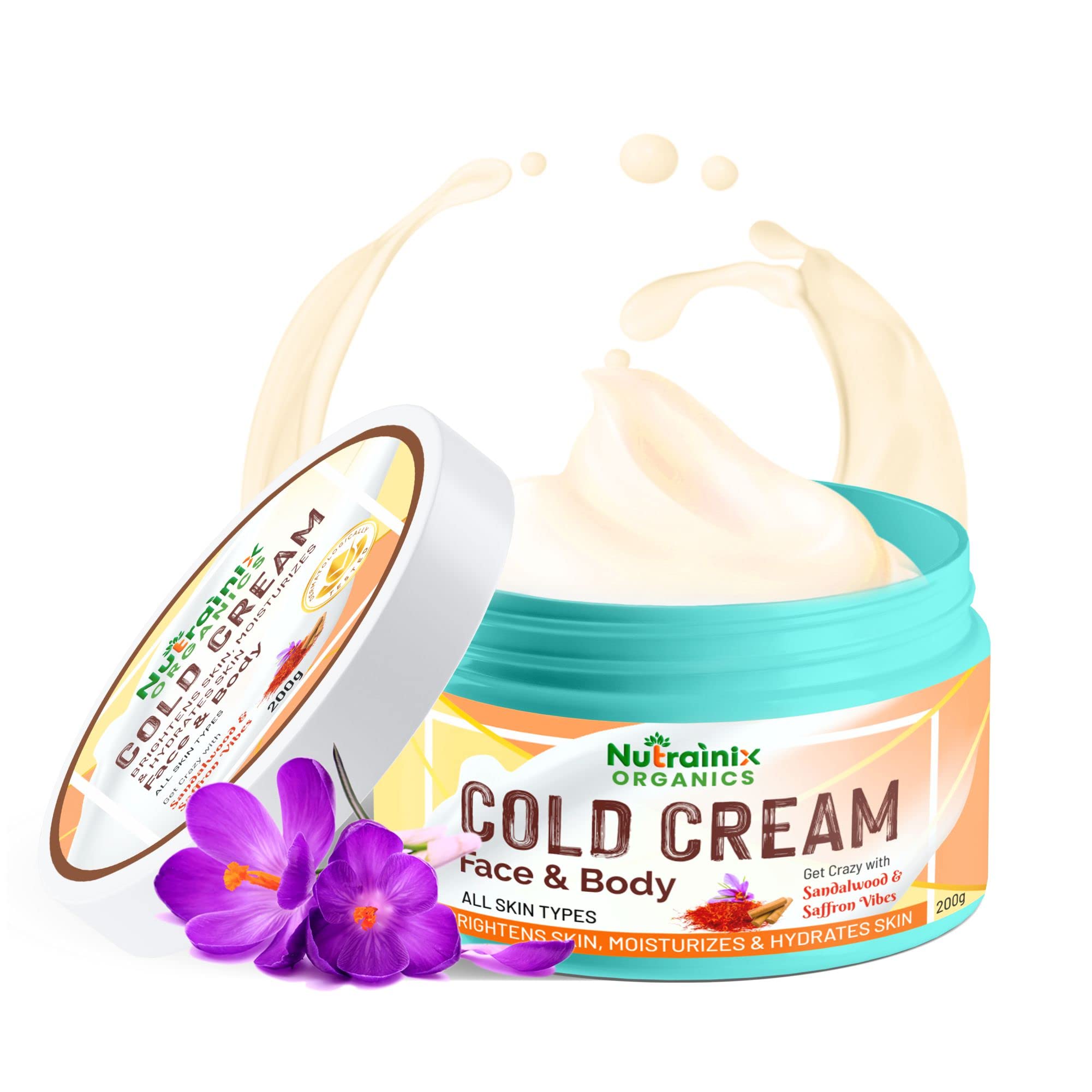 Nutrainix Organics Cold Cream with Sandalwood & Saffron | Brightening & Hydrating Face & Body Cream for All Skin Types | 200gm | Perfect for Dry Skin Care & Nighttime Moisturizing Routine