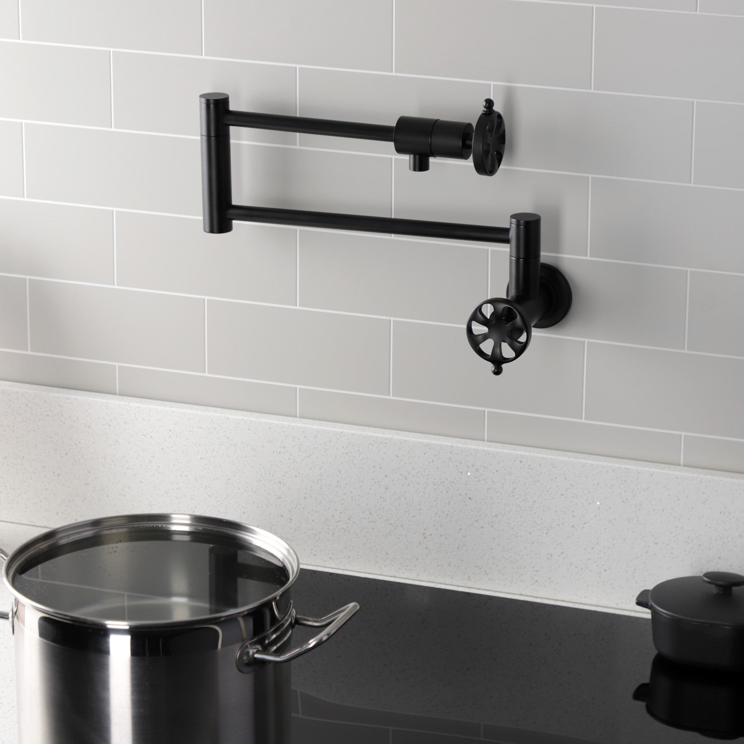 Belknap KS4100RX Matte Black Two Handle Wall Mount Pot Filler Faucet - Perfect for Kitchen Sink, Stove & Cooking Area