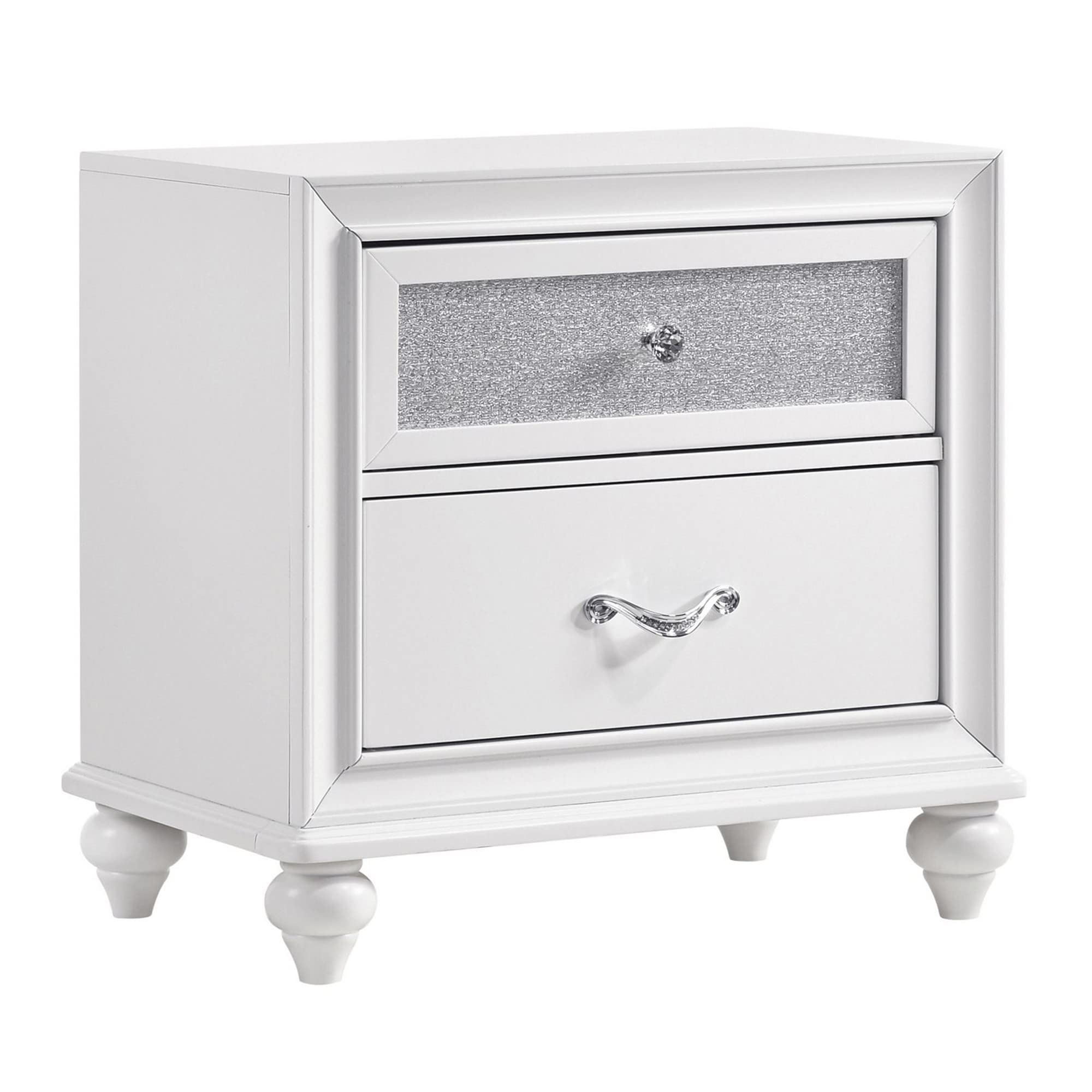 Benjara White Nightstand with 2 Drawers - Glittery Acrylic Front Bedside Table for Bedroom, Living Room & Guest Room - Modern Storage End Table with Smooth Gliding Drawers