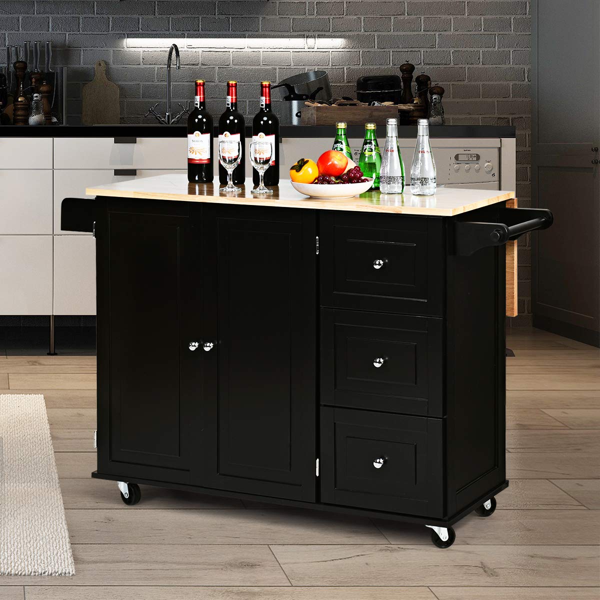Giantex Kitchen Island Cart with Drop-Leaf Tabletop - Large Rolling Trolley with Cabinet, 3 Drawers & Towel Rack - Mobile Kitchen & Dining Organizer for Small Spaces, Meal Prep & Entertaining