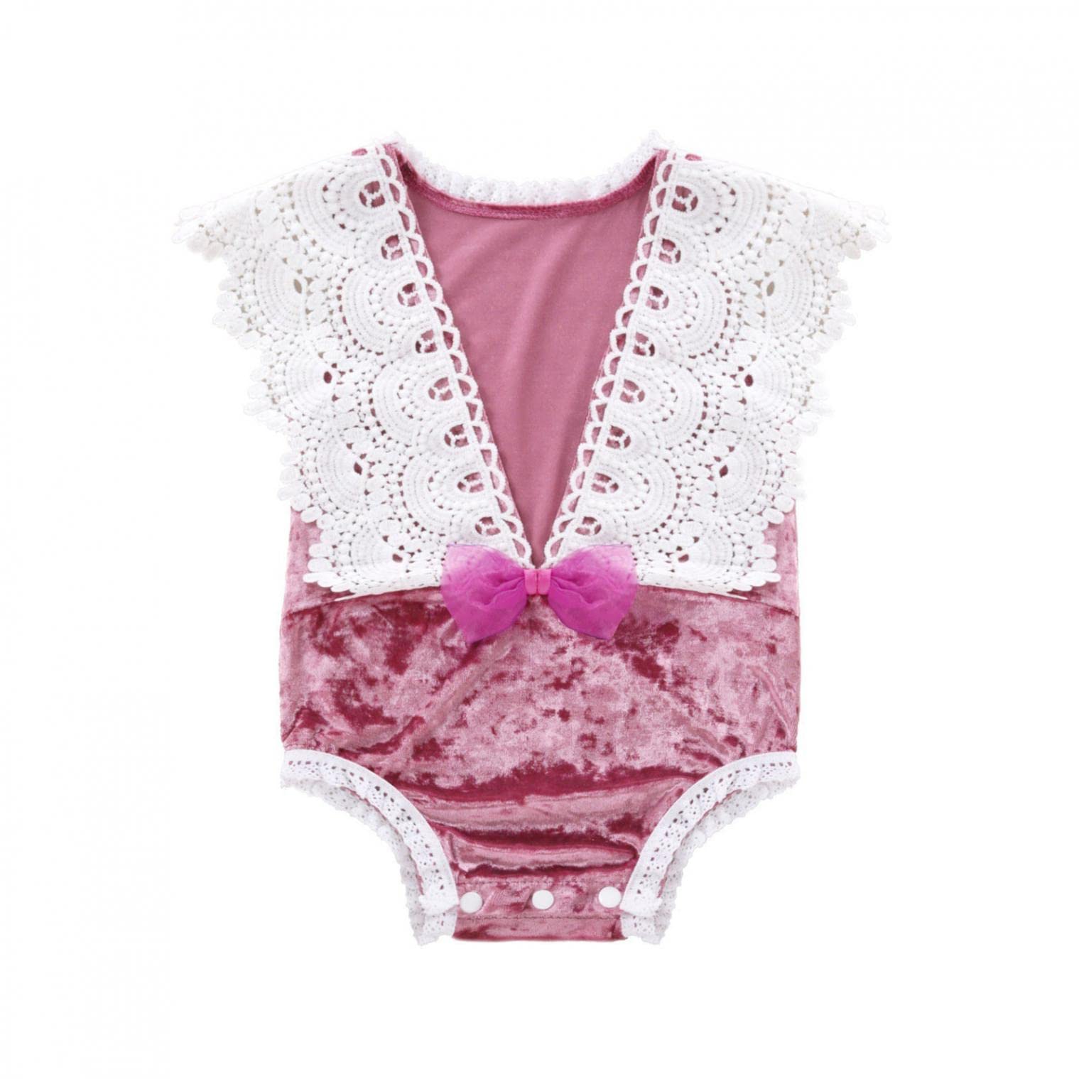 Newborn Baby Girl Lace Crochet Ruffle Bowknot Romper - Sleeveless Velvet Jumpsuit Bodysuit for Infant 0-3 Months | Perfect for Photoshoots, Christening & Special Occasions