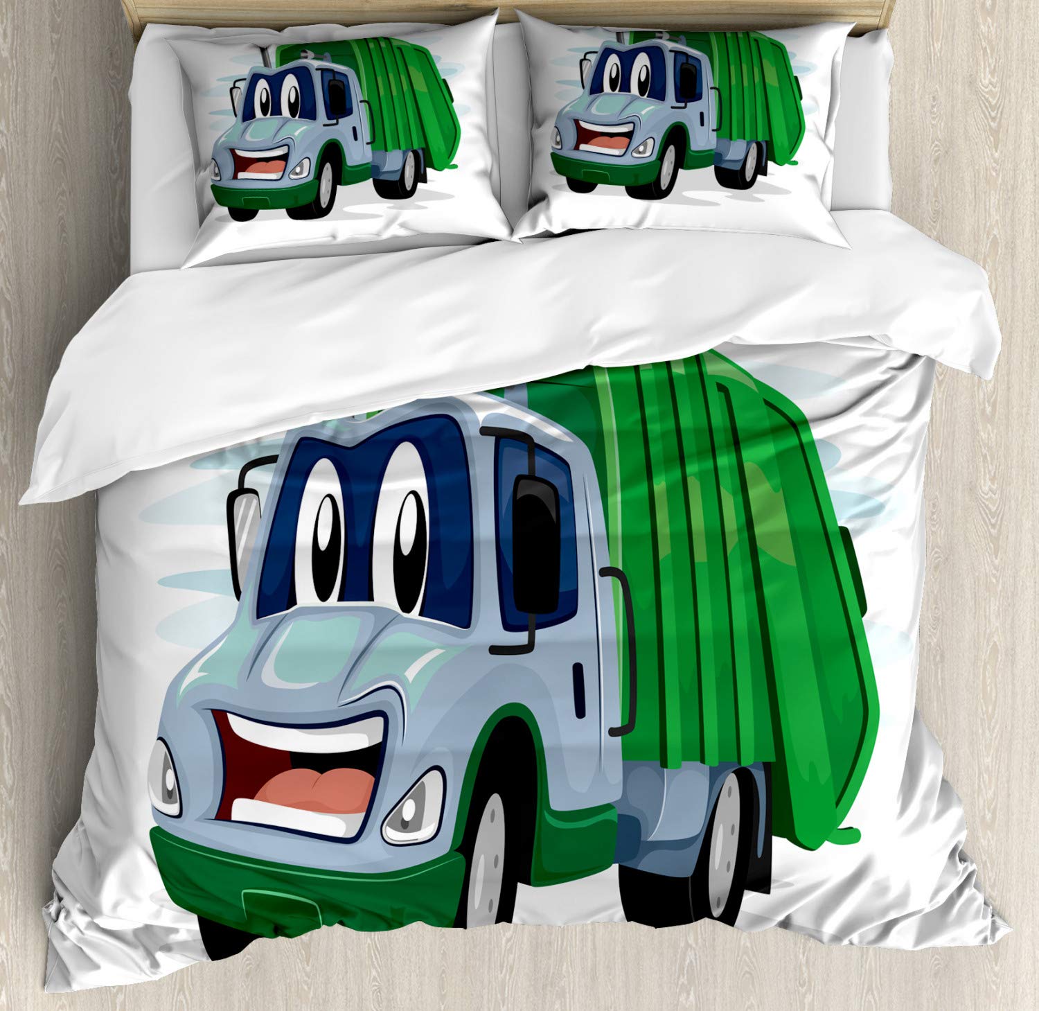 Ambesonne Garbage Truck Duvet Cover Set - Funny Cartoon Trash Vehicle Design with Smiling Mascot, 3-Piece King Size Bedding Set with 2 Pillow Shams, Multicolor | Perfect for Kids' Room, Teen Bedroom & Themed Decor