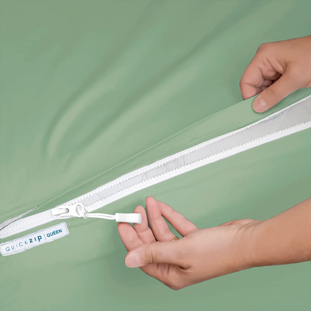 QuickZip Queen Size Sheet Set - 1 Fitted Base & 2 Zip-On Sheets - 400 TC Soft Percale Cotton - 16
