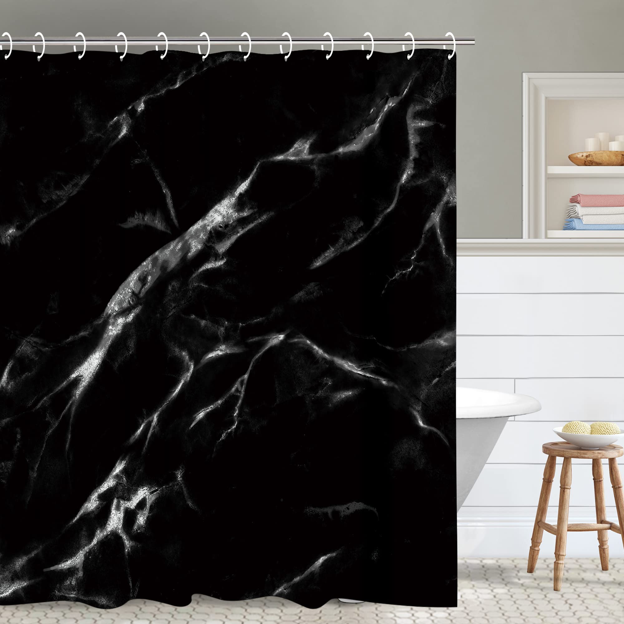RosieLily Black Marble Shower Curtain Set with 12 Hooks - Waterproof Bathroom Decor 72x84 Inches - Elegant Modern Design for Master Bath, Guest Bath & Apartment
