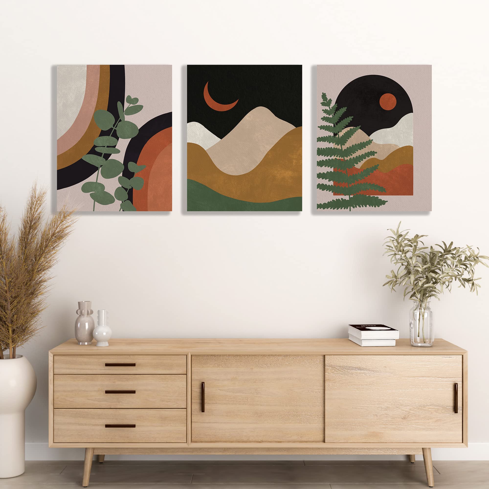 KEUSPI Boho Wall Art Set of 3 - Mid Century Canvas Prints for Living Room Decor