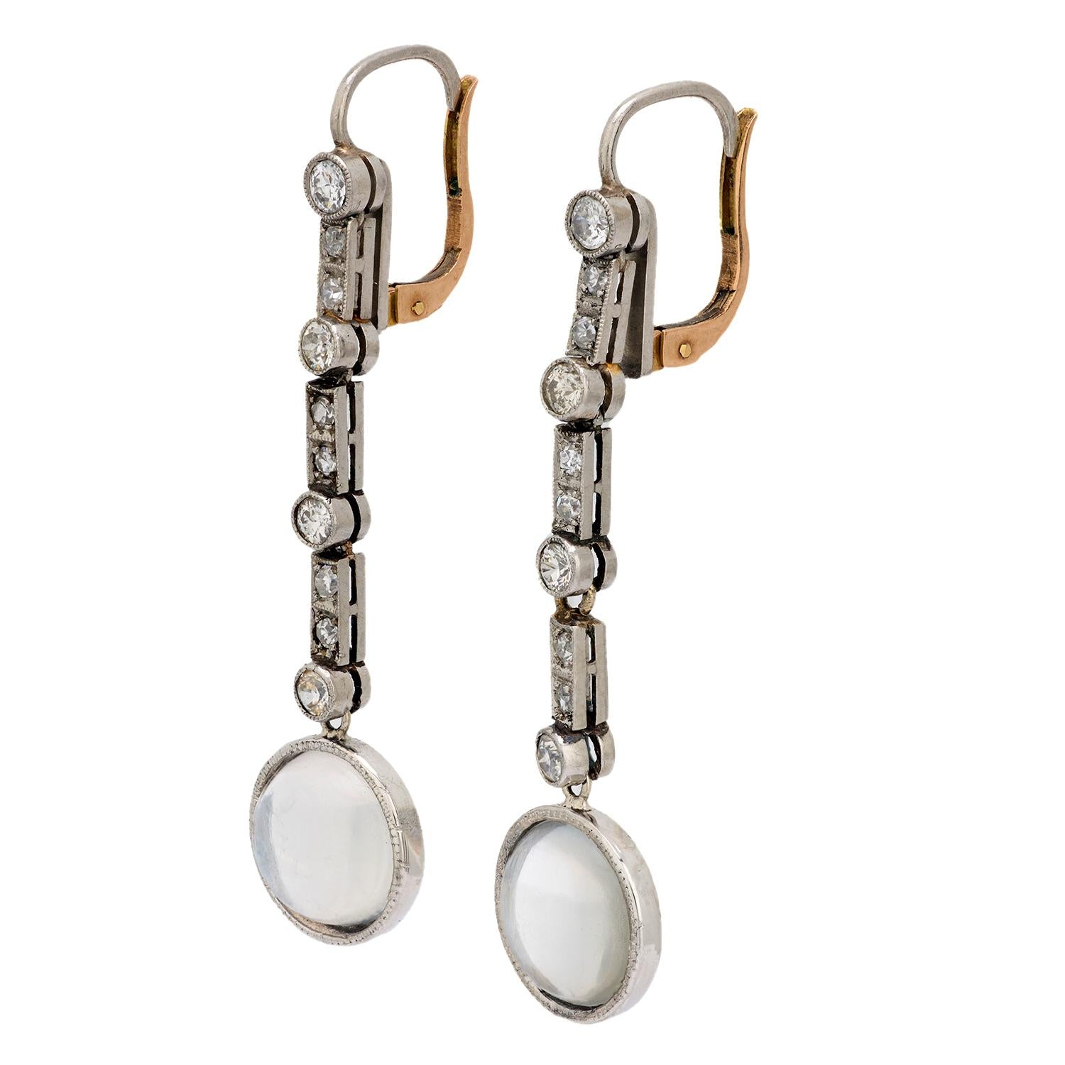 Exquisite Edwardian 18K Gold/Platinum Moonstone & Diamond Drop Earrings - Vintage Luxury Jewelry for Weddings & Evening Gala Events