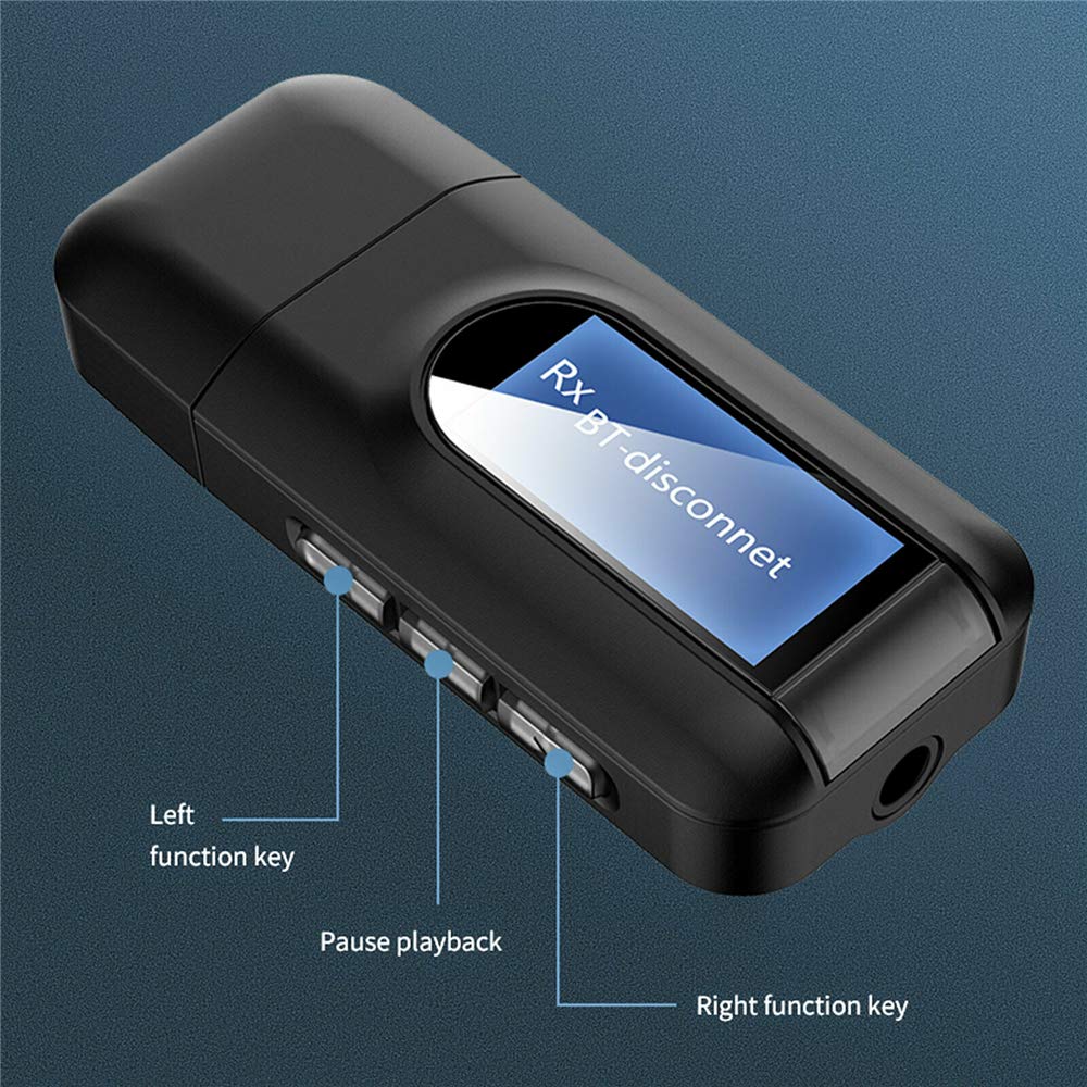 Bluetooth 5.0 USB Adapter - Wireless Audio Receiver & Transmitter with 3.5mm AUX & LCD Screen for Car, PC, TV, Headphones | Perfect for Hands-Free Calling & Music Streaming in Vehicles, Home & Office