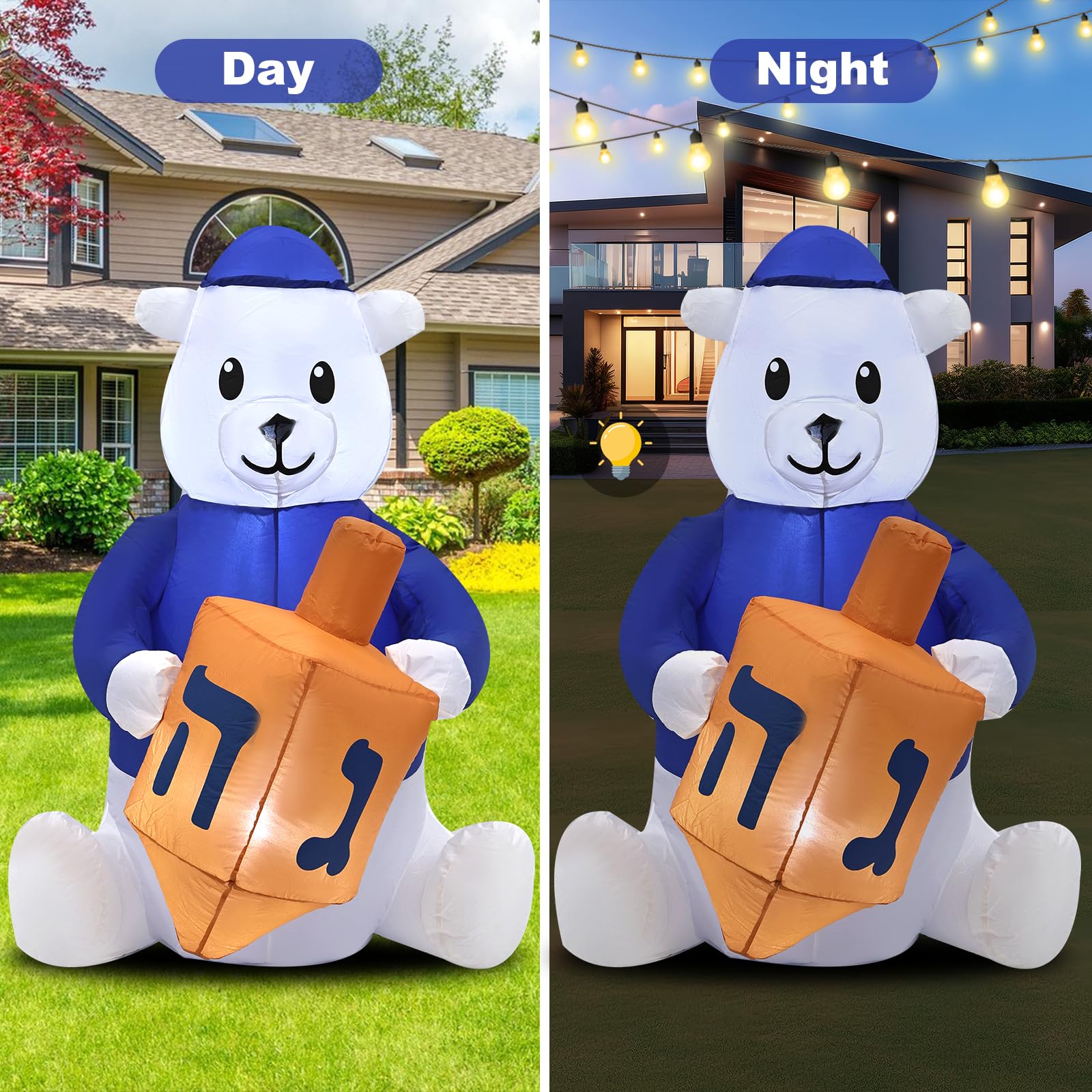 4ft Hanukkah Inflatable Outdoor Decorations - LED Light-Up Hanukkah Bear for Indoor/Outdoor Patio, Garden & Yard - Holiday Party, Festival & Home Decoration
