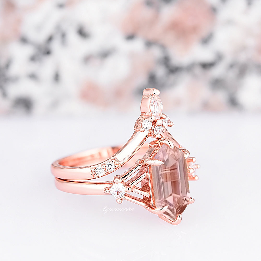 Celtic Hexagon Morganite Ring Set - 14K Rose Gold Vermeil Engagement & Wedding Jewelry for Women - Perfect for Bridal, Anniversary & Romantic Gifts