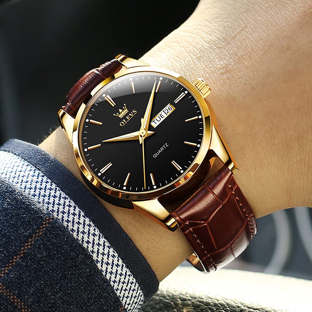 OLEVS Men's Brown Leather Watch - Rose Gold Quartz, Waterproof, Luminous for Daily Wear & Dress