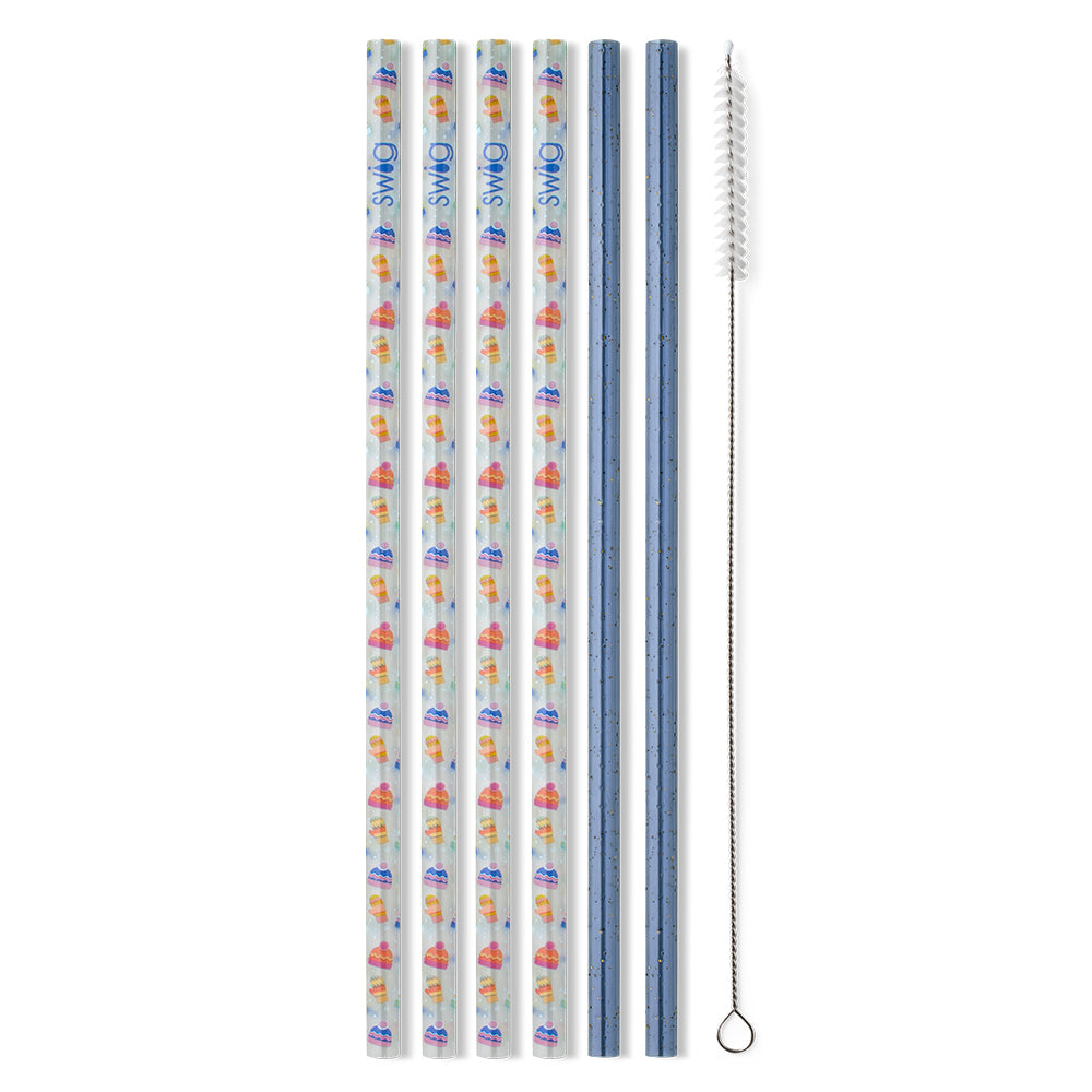 Snow Day & Blue Glitter Reusable Straw Set - 10 Pack Eco-Friendly Stainless Steel Drinking Straws with Cleaning Brush for Smoothies, Iced Coffee, and Cocktails at Home or Parties