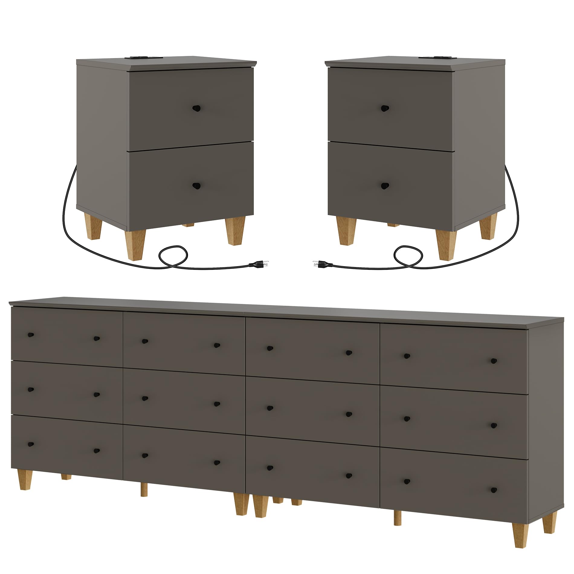 WAMPAT 94.4 Inch 12-Drawer Wood Dresser with 2 Nightstands - Dark Grey Bedroom Furniture Set with Charging Stations | Perfect for Master Bedroom, Guest Room & Apartment Storage