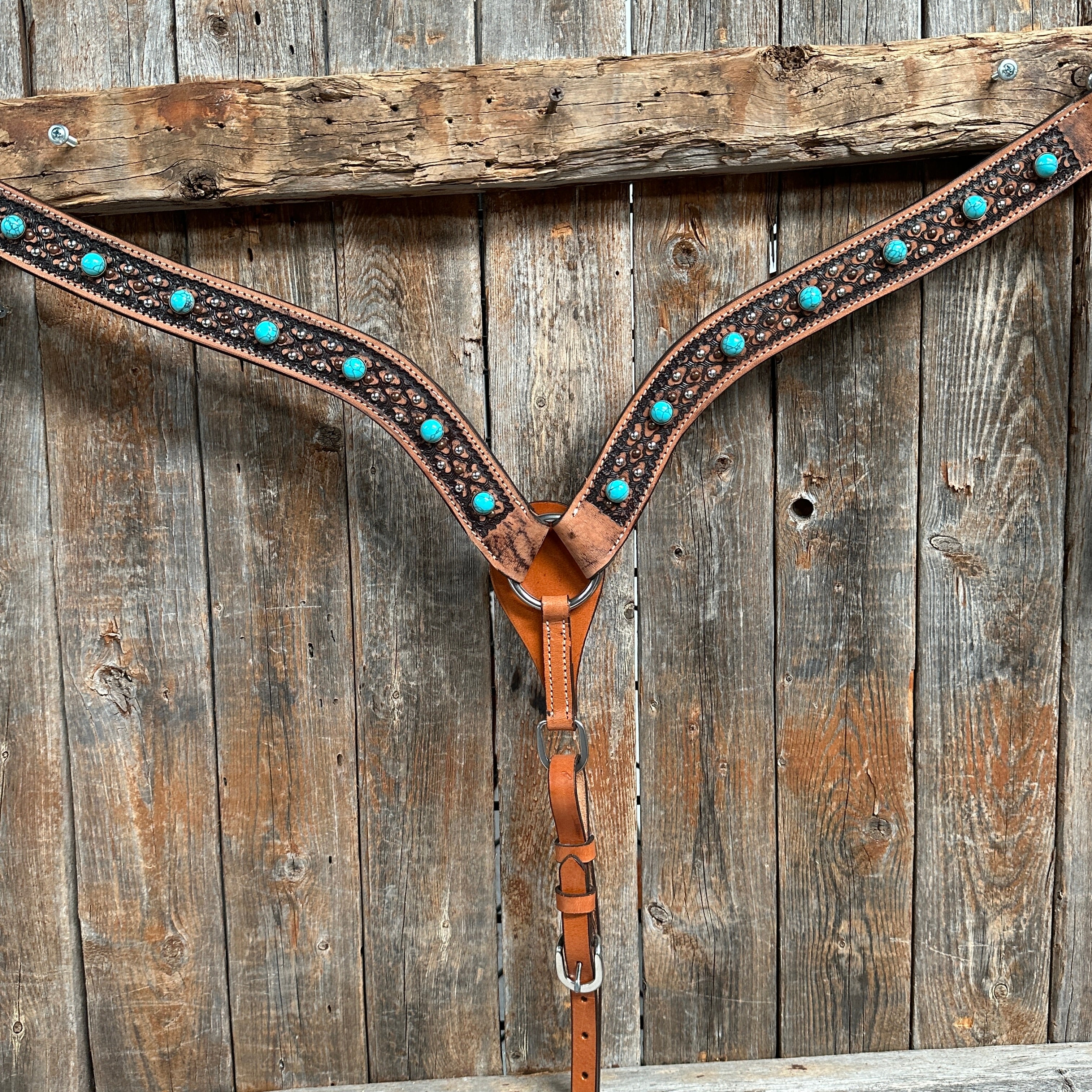 Premium Copper & Silver Two-Tone Turquoise Western Headstall & Breastcollar Horse Tack Set #OEBC567 - Perfect for Rodeo, Trail Riding & Show Competitions