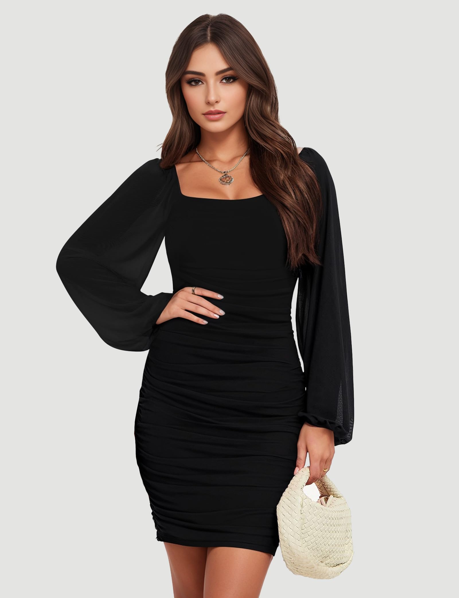 Women's Sexy Mesh Long Sleeve Bodycon Dress - White, Black, Pink, Green - Square Neck Ruched Cocktail Party Dress for Club, Prom, Banquet & Formal Events | Perfect for Summer, Spring & Fall | Teen Girls & Women's Elegant Night Out Dresses
