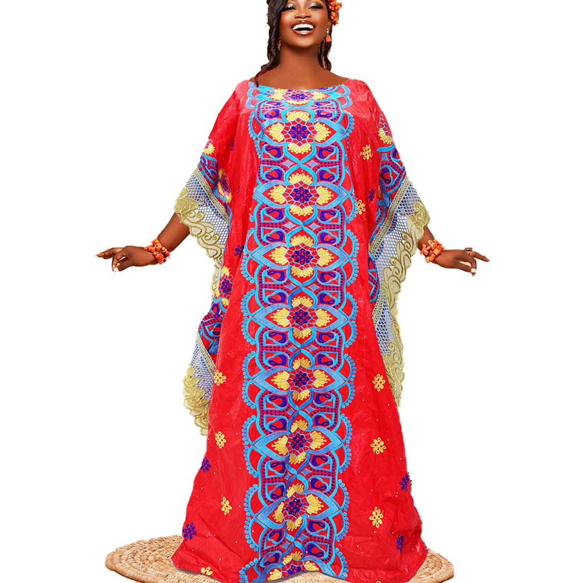 African Bazin Riche Wedding Dresses for Women - Red Long Embroidery Guipure Brocade Gown with Diamond Details | Nigerian Dashiki Party Robe | Perfect for Bridal, Cultural Events & Special Occasions